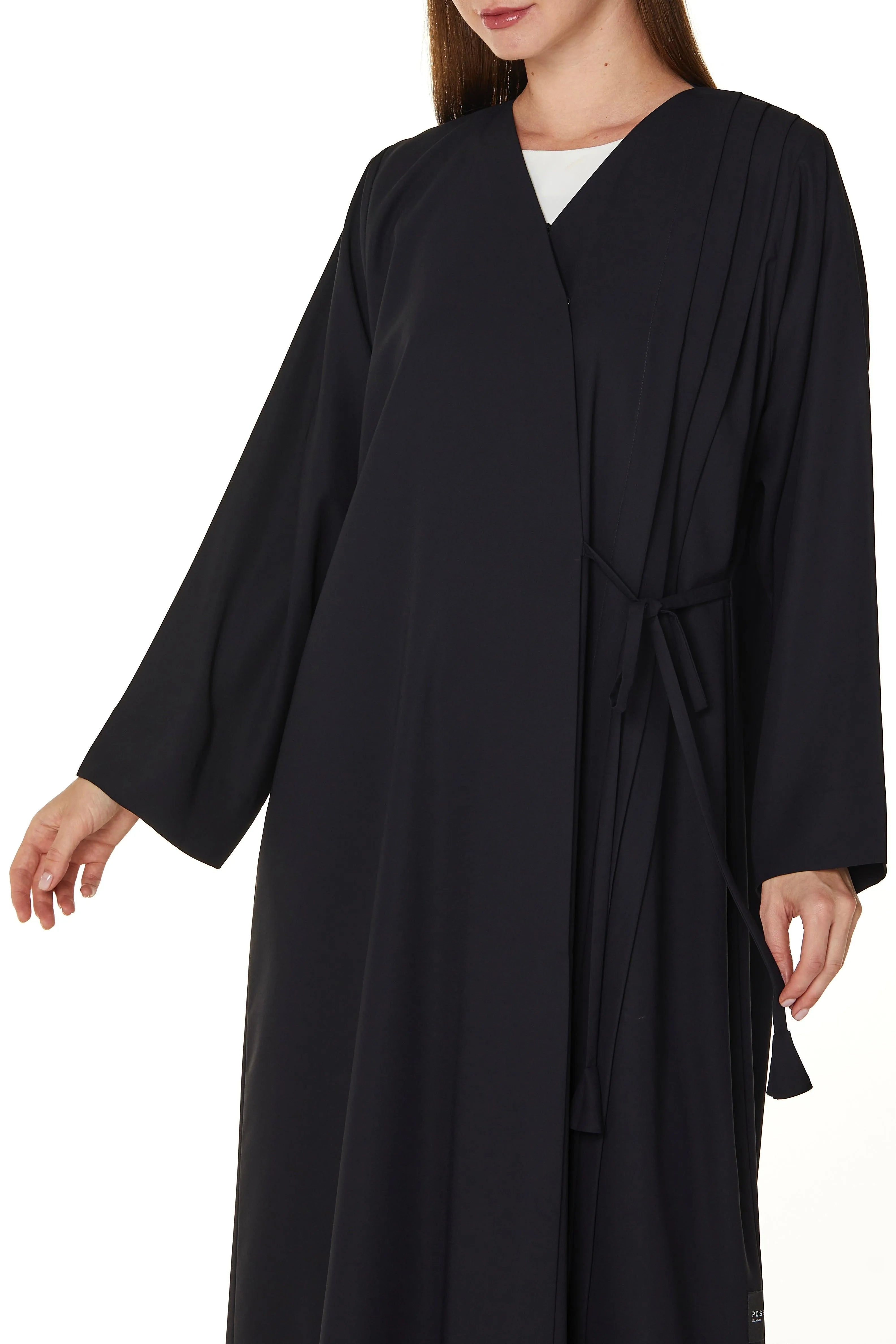 Black Cool Crepe Overlap Abaya with Front Tie-up with Pleats - Posh Abaya