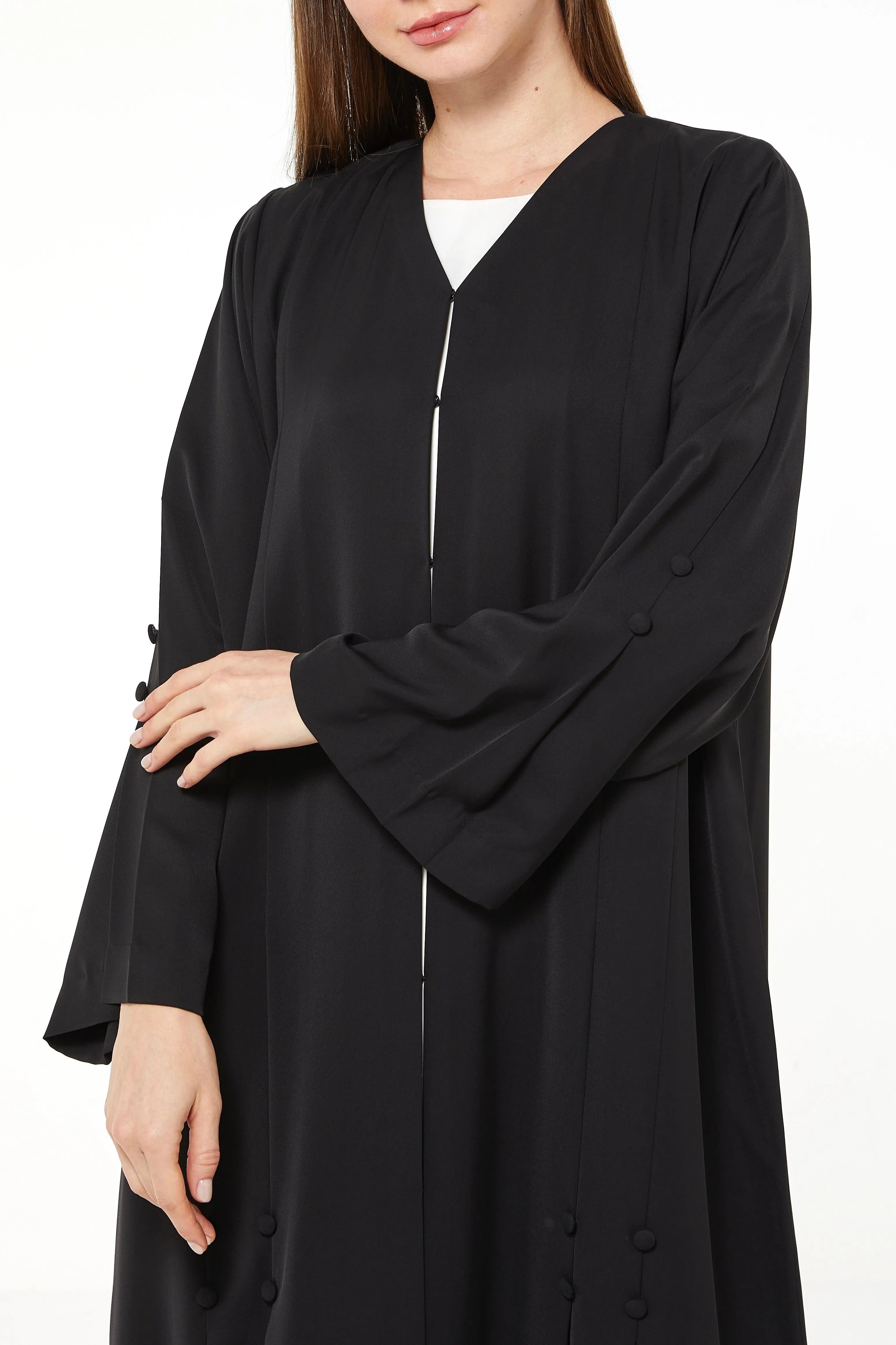 Black Remi Crepe Abaya with Sleek Pleat Buttons - Posh Abaya