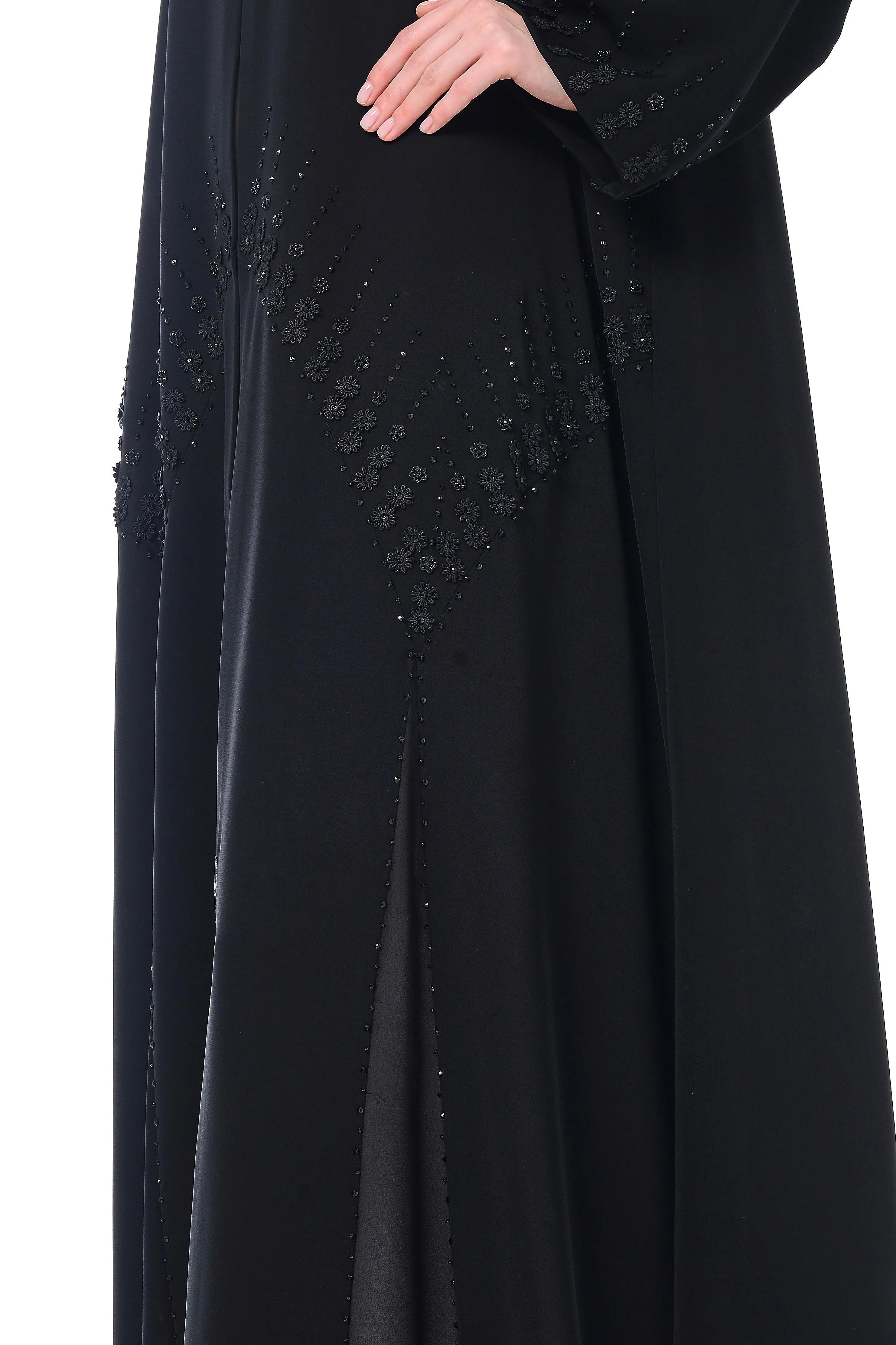 Black Royal Nada Abaya with Front Cut Adorned by Applique Flowers and Beadwork Detail - Posh Abaya