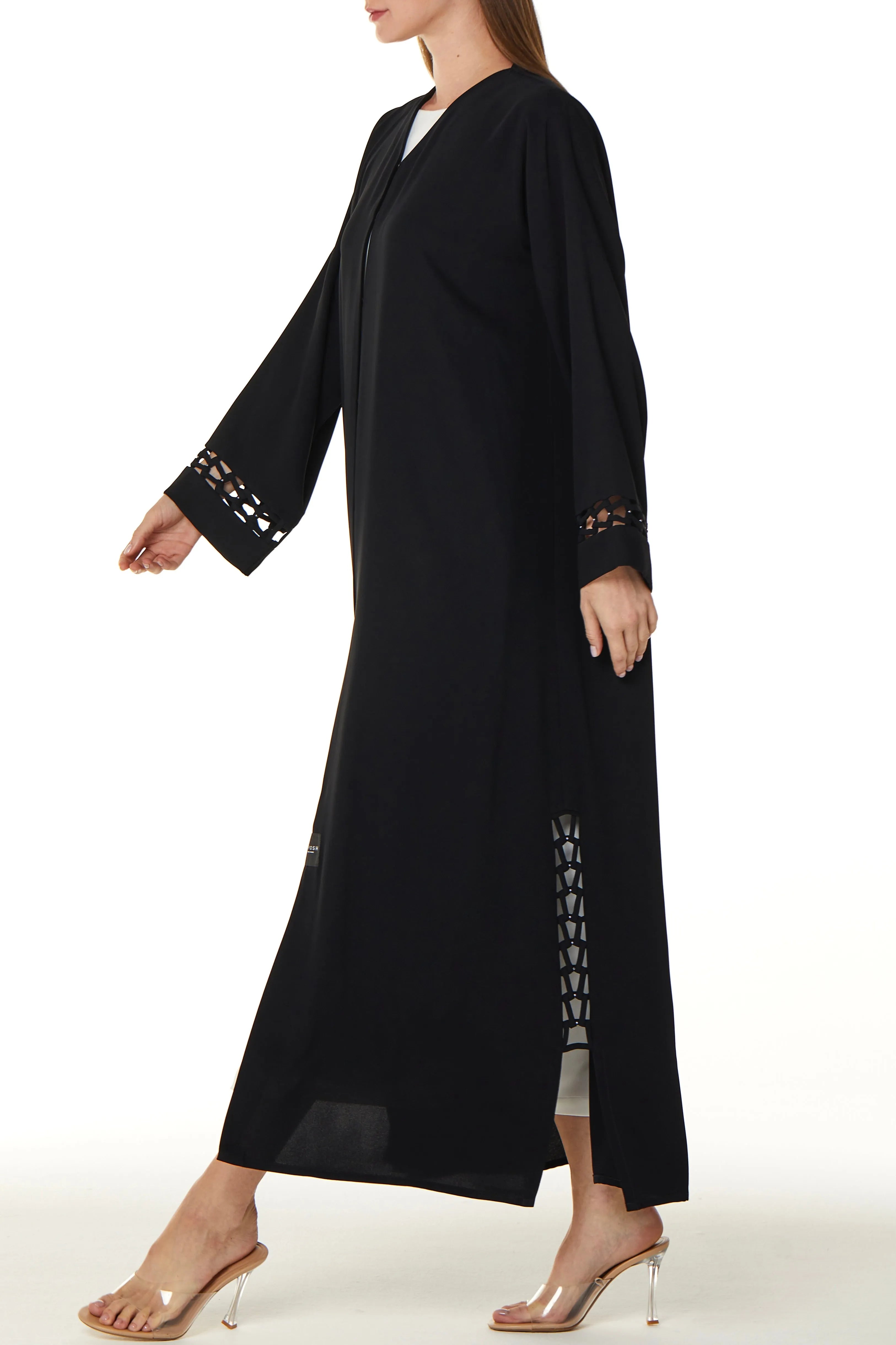 Black Layan Crepe Abaya with Side and Sleeves Loop Detail - Posh Abaya