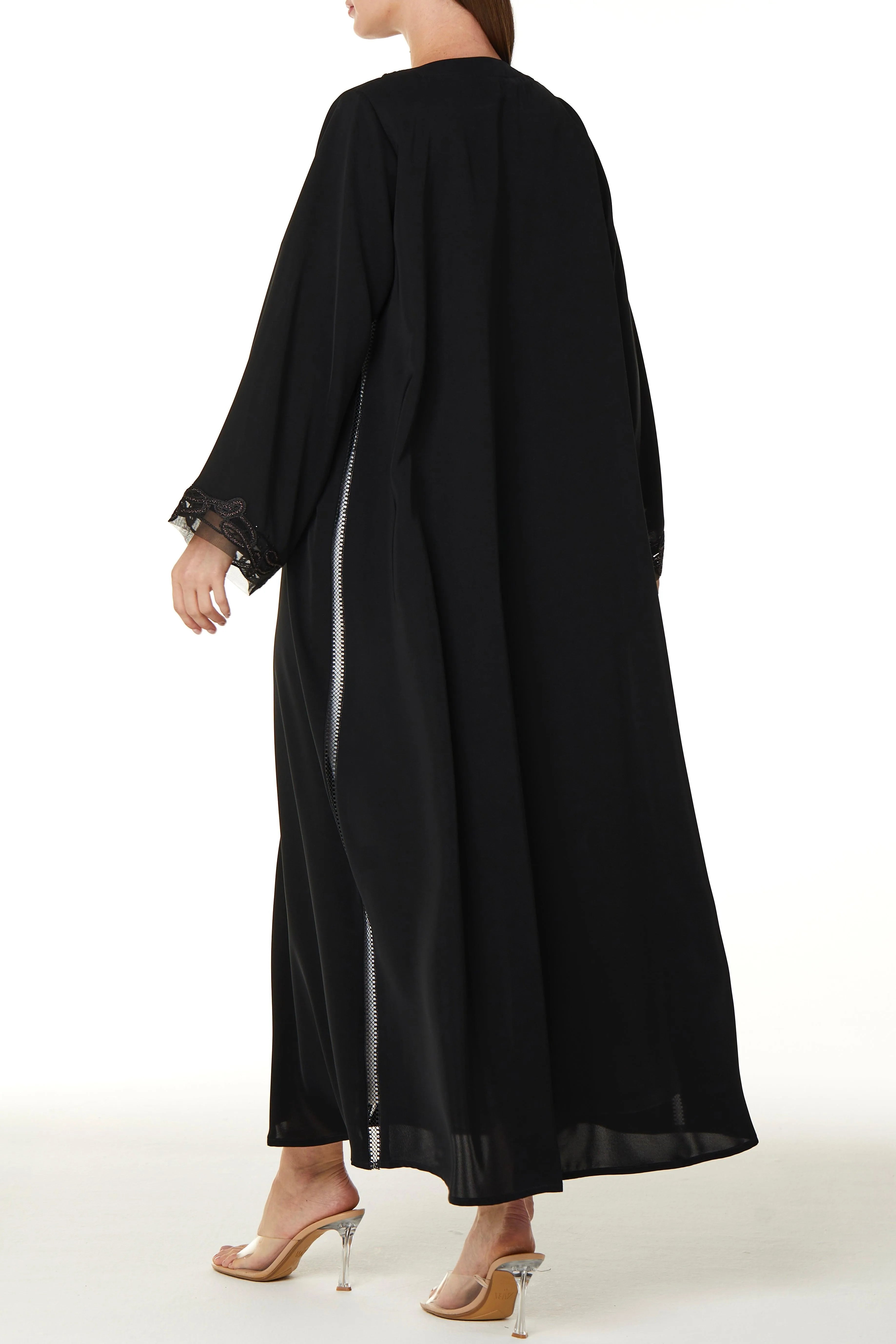 Black Royal Nada Abaya with Tulle and Copper Lacework Detail - Posh Abaya