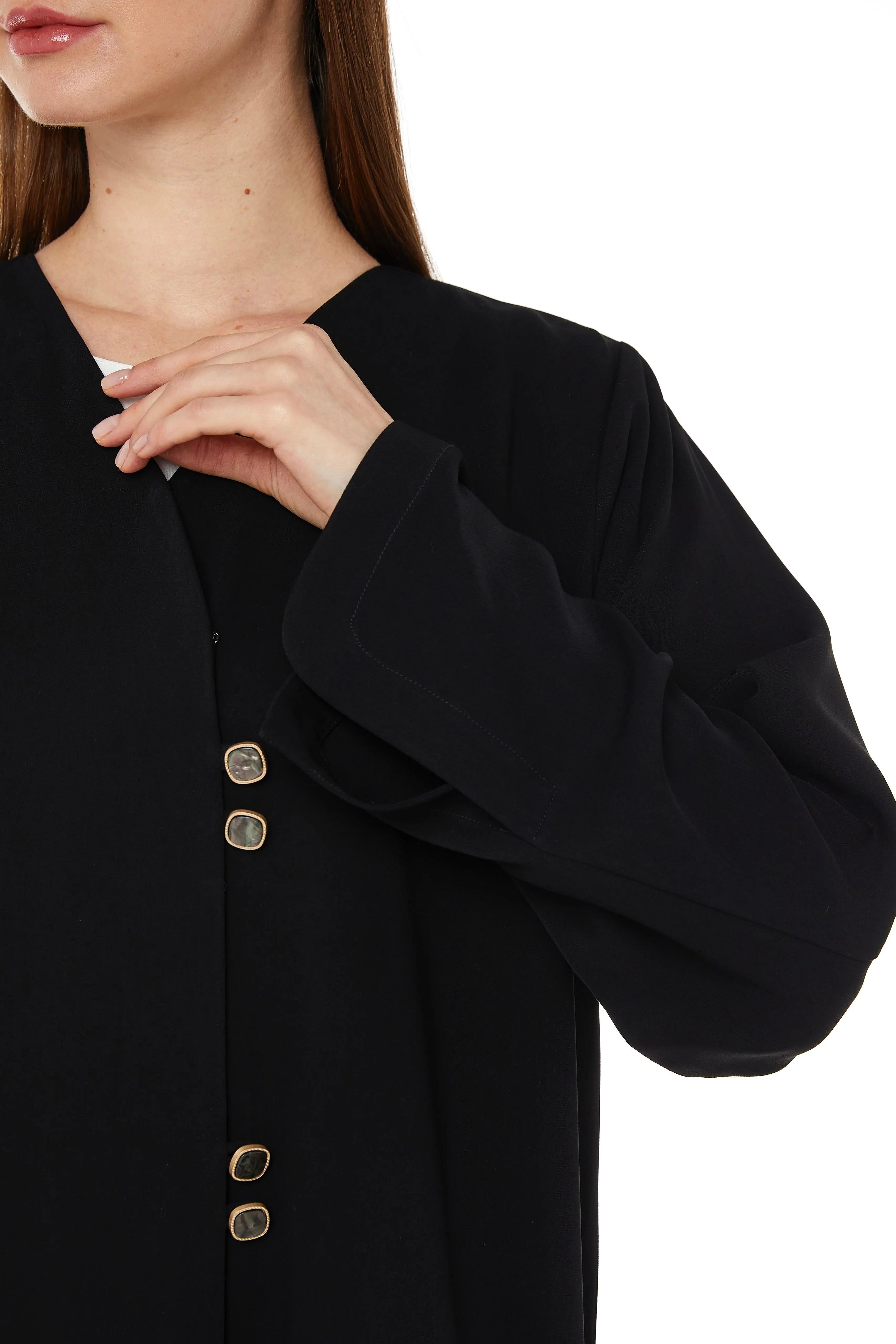Black Layan Ready Abaya with Buttoned Overlap Fronts - Posh Abaya