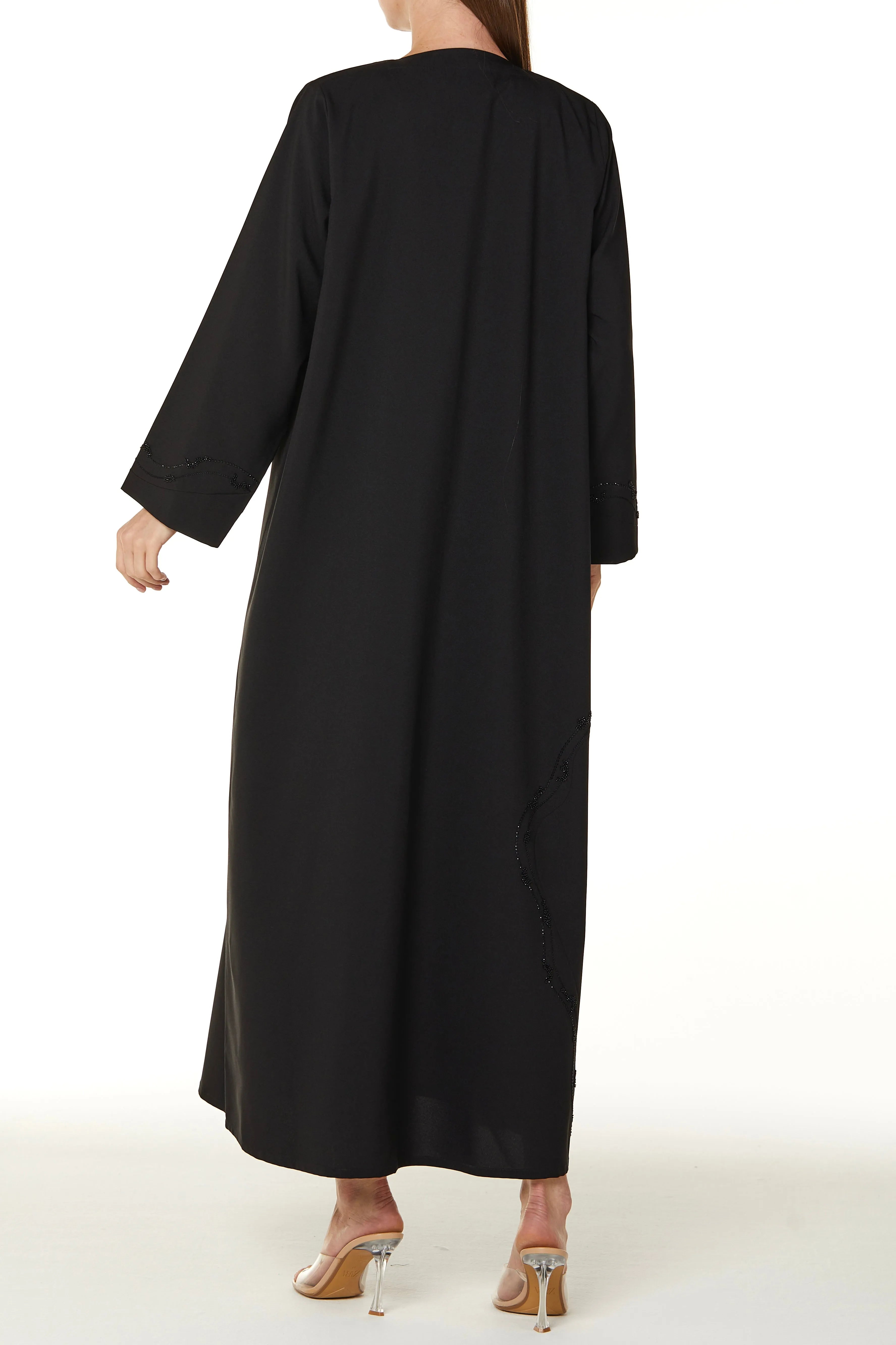 Black Kadi Crepe Abaya with Overlap Beadwork Panel - Posh Abaya