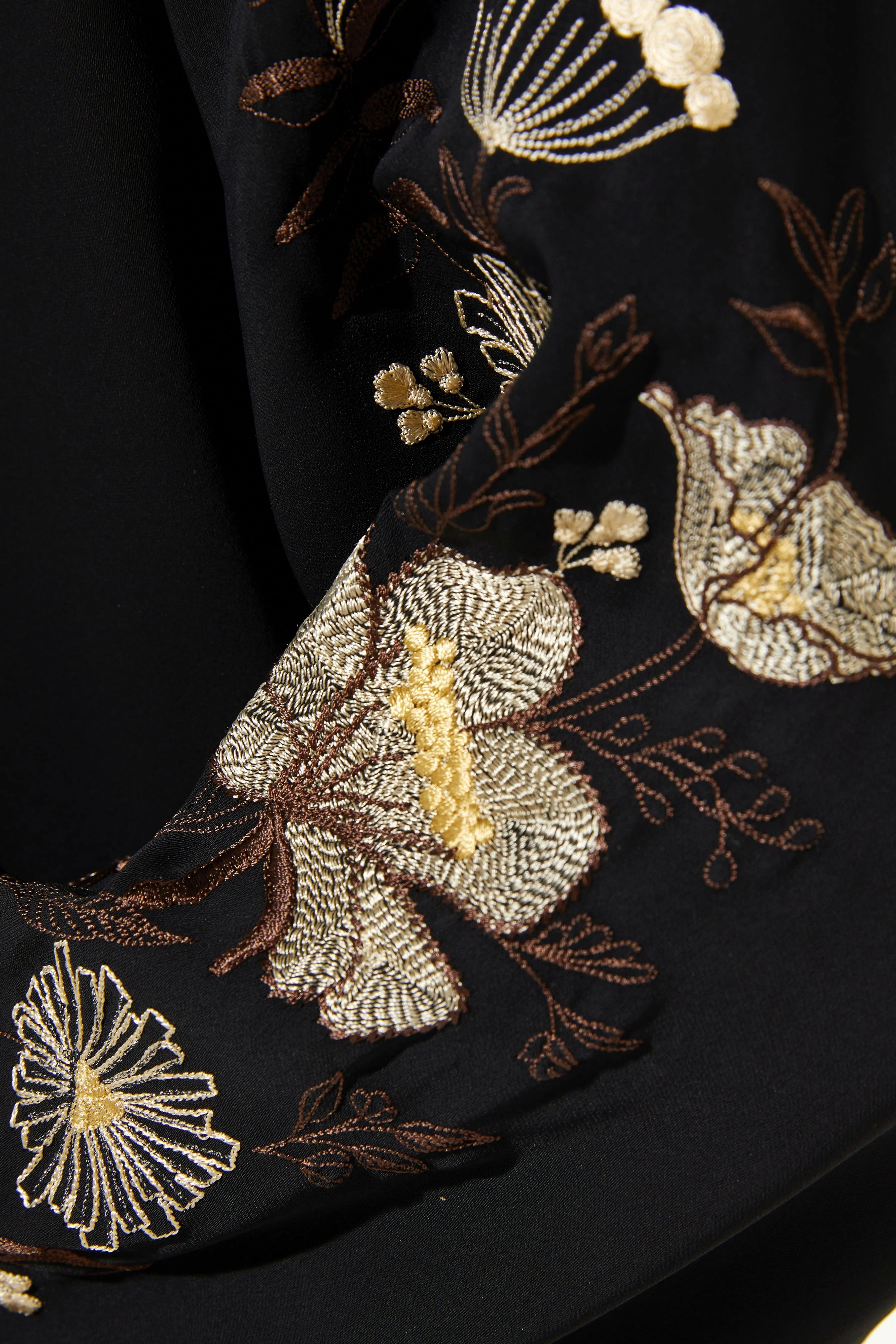 Black Layan Crepe Abaya with Sleeves Blossom Embroidery - Posh Abaya