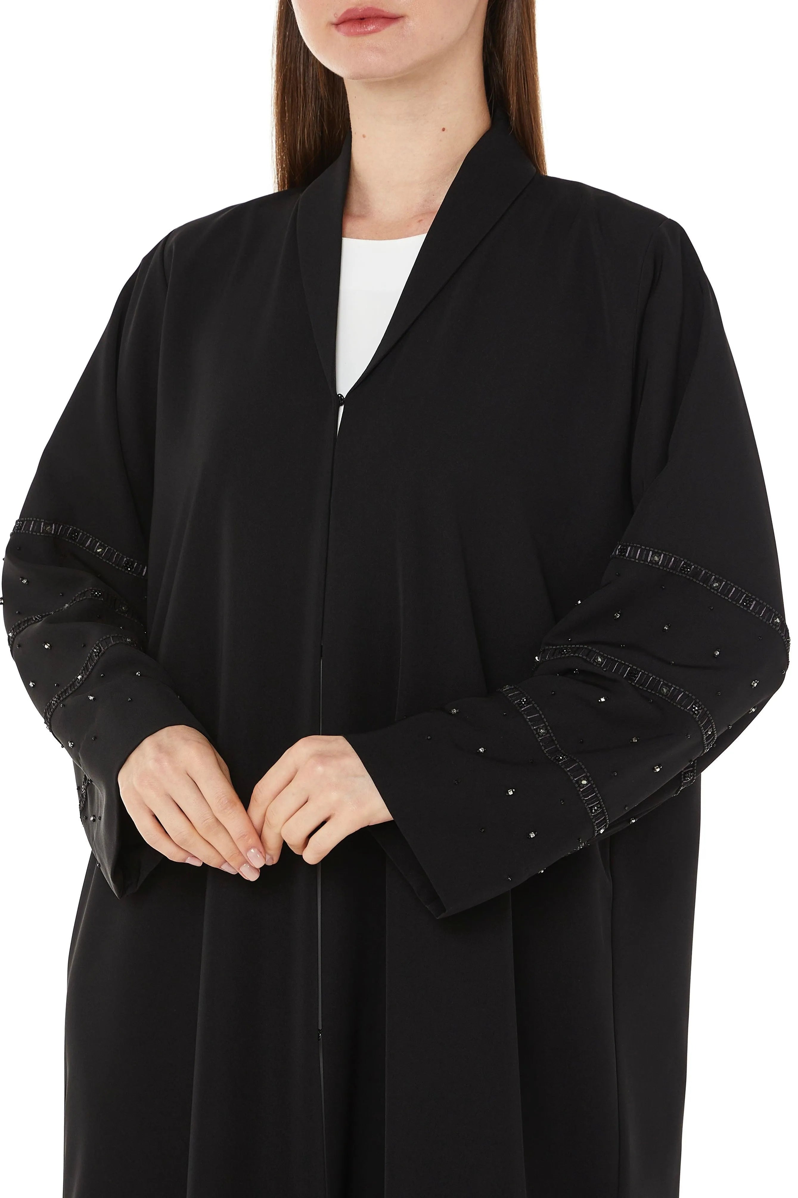 Black Tokyo Crepe Abaya with Collar and Beadwork on Sleeves - Posh Abaya