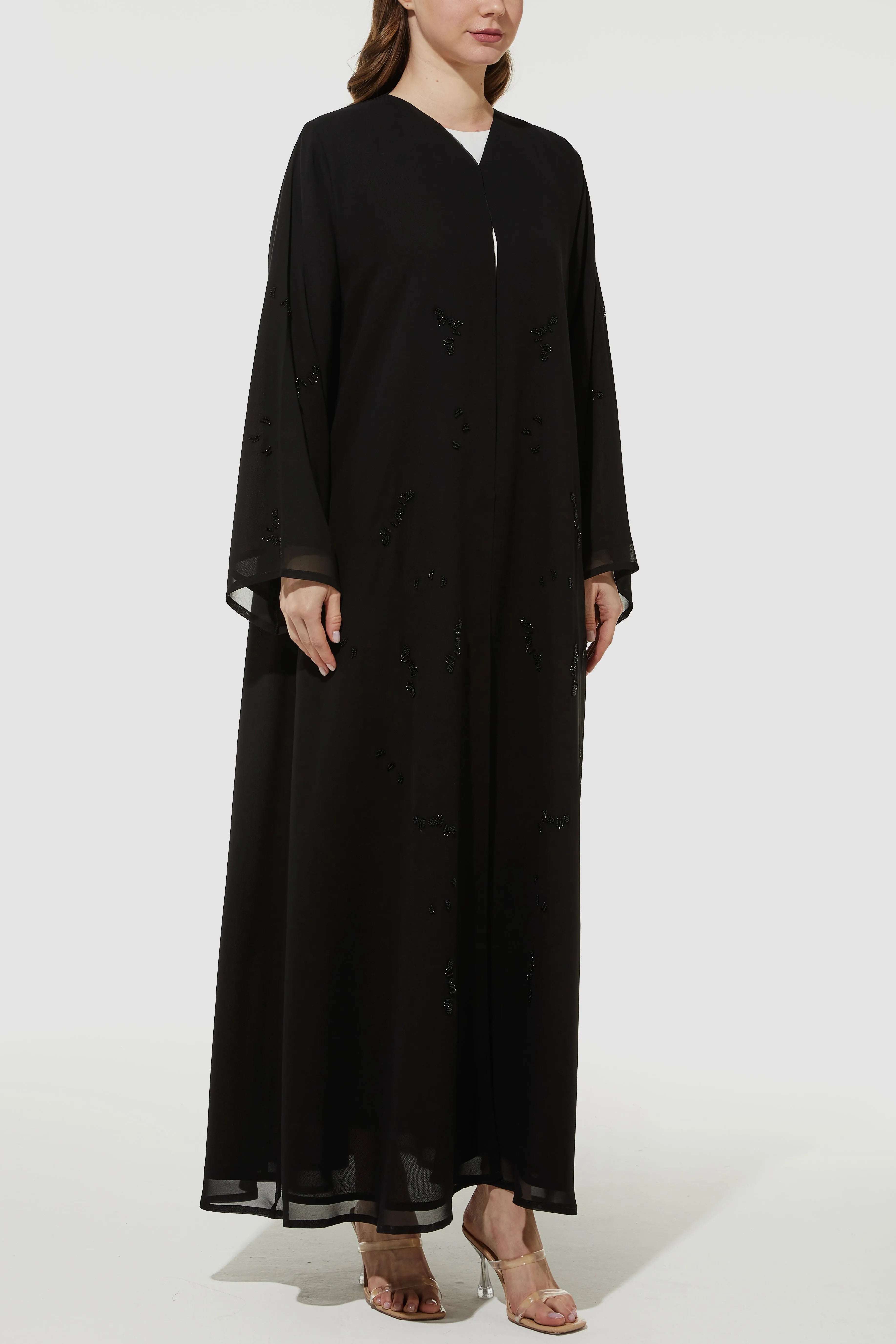 Beaded Shadow Detail Flared Chiffon Black Abaya - Posh Abaya