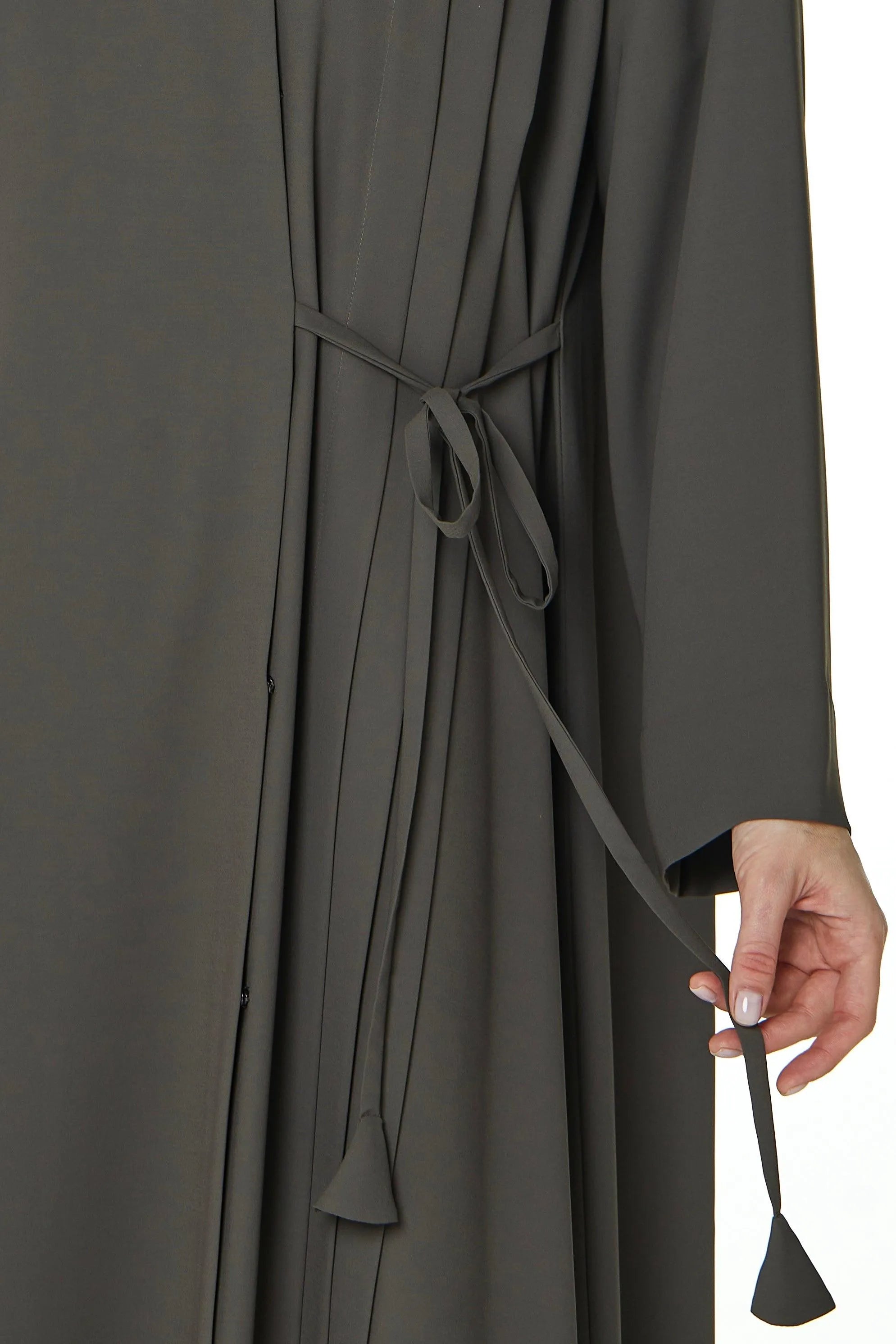 Green Cool Crepe Overlap Abaya with Front Tie-up with Pleats - Posh Abaya
