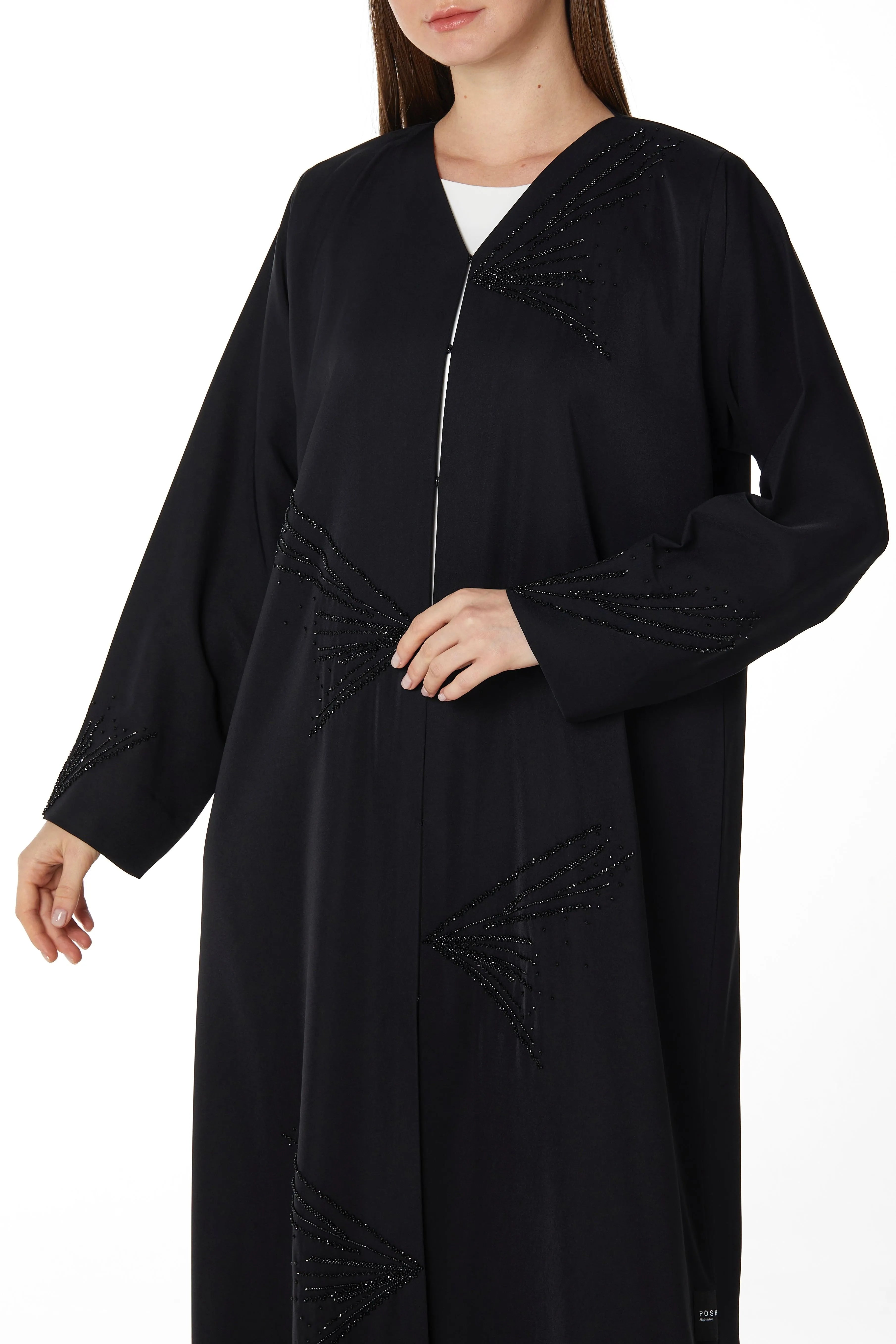 Black Crepe Ready Triangle Abaya with Front Scattered Beadwork - Posh Abaya