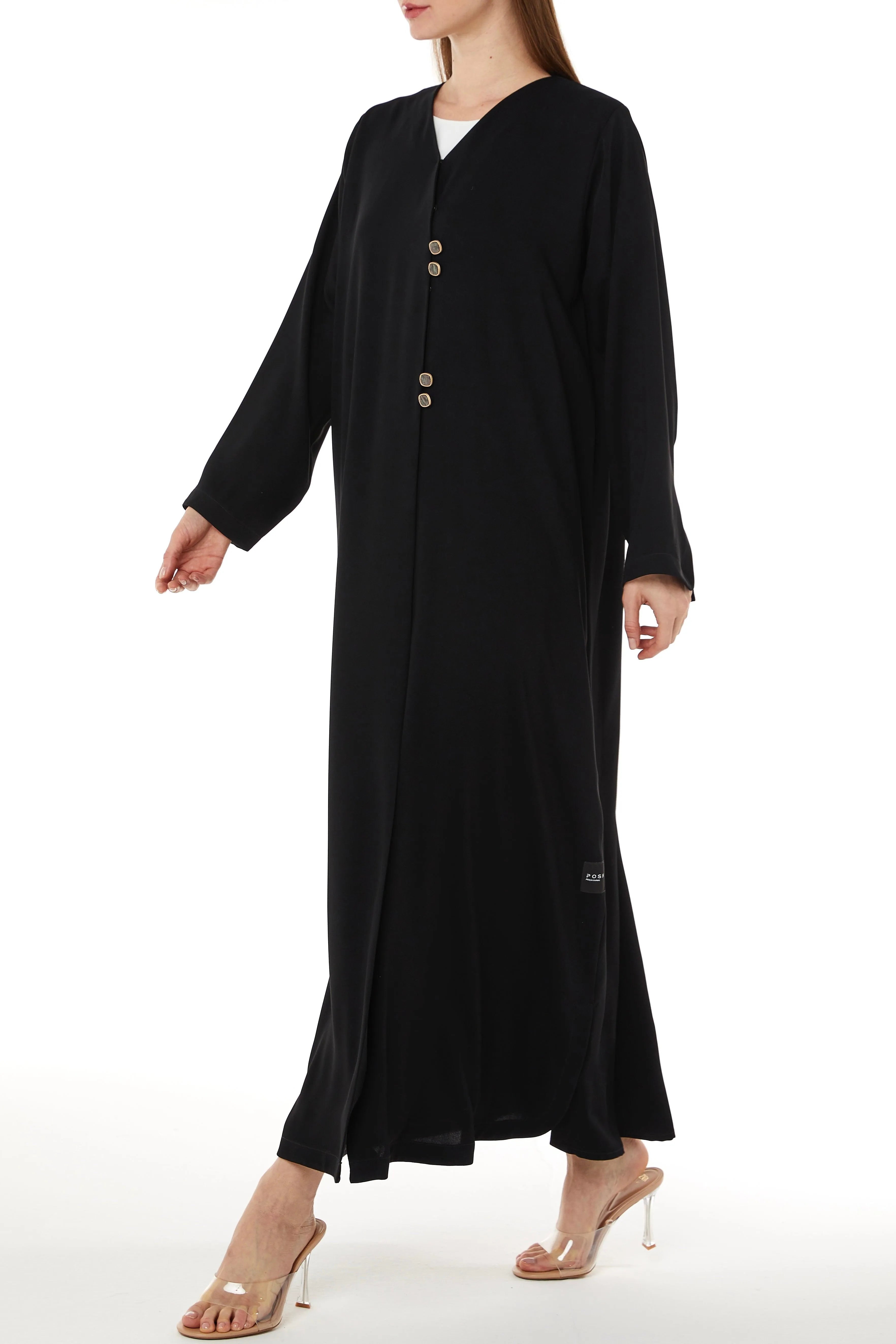 Black Layan Ready Abaya with Buttoned Overlap Fronts - Posh Abaya