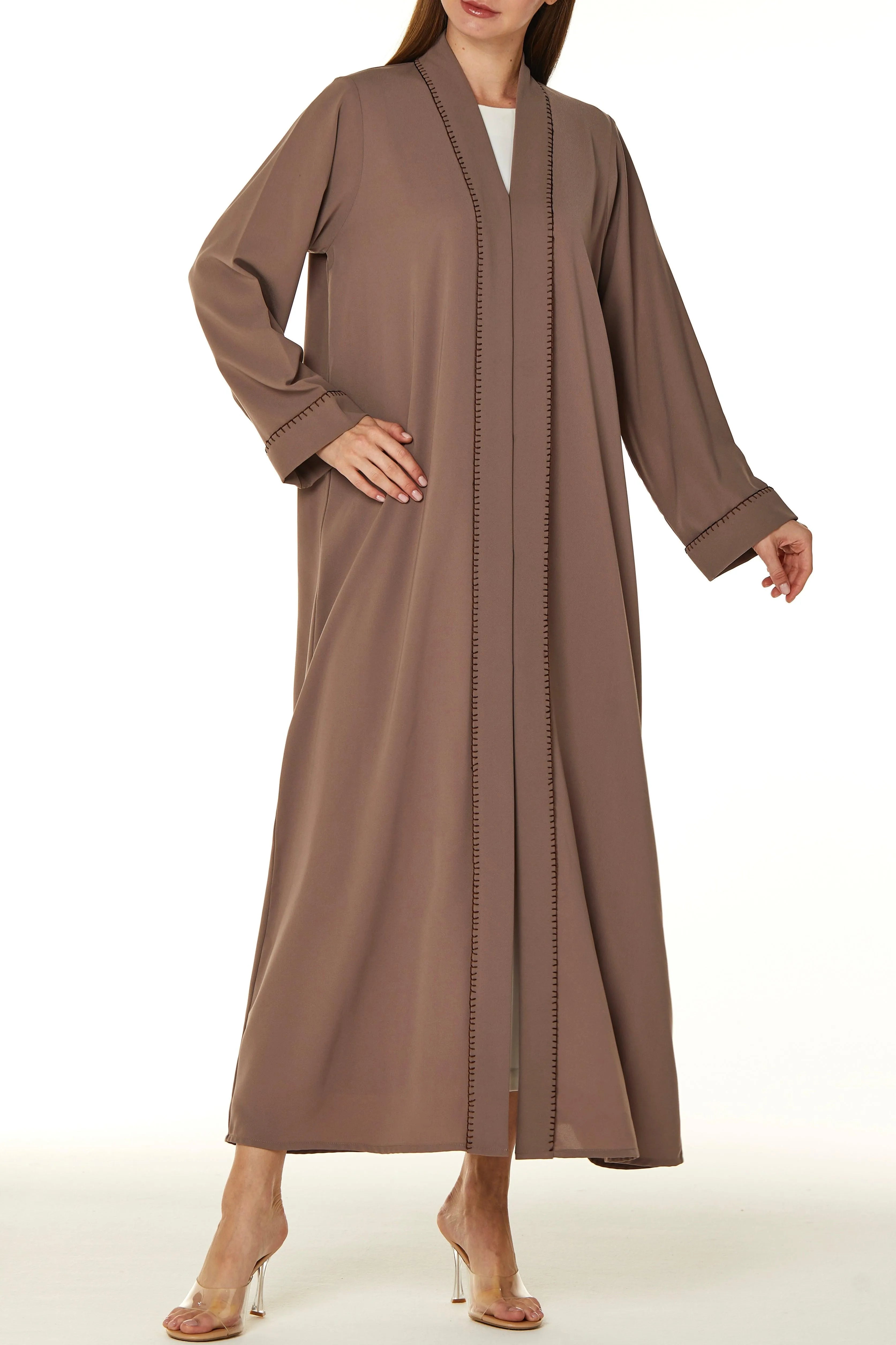 Brown Nova Crepe Abaya with Front Stitch Collar - Posh Abaya