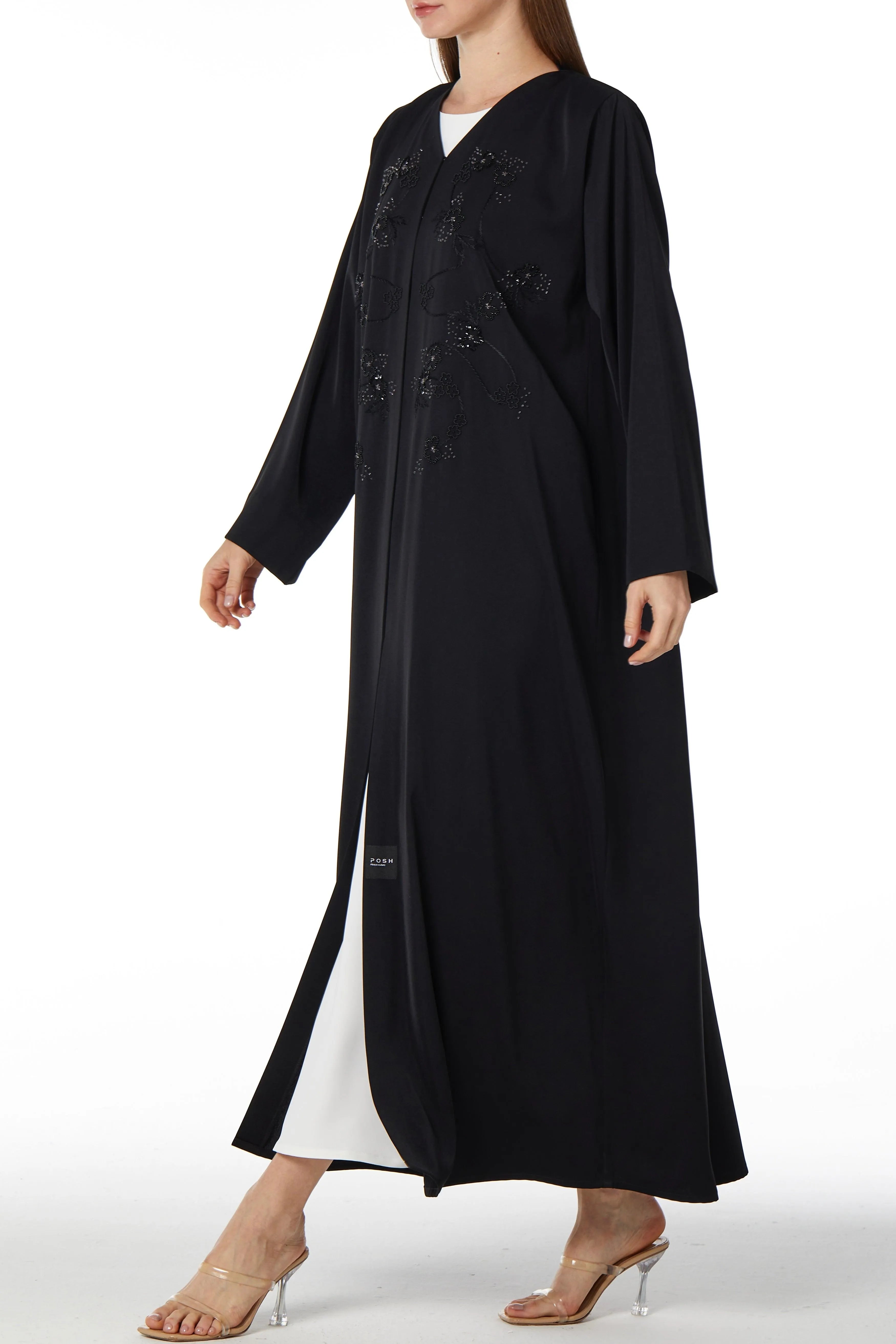 Black Rose Crepe Abaya with Front Atrful Threadwork - Posh Abaya