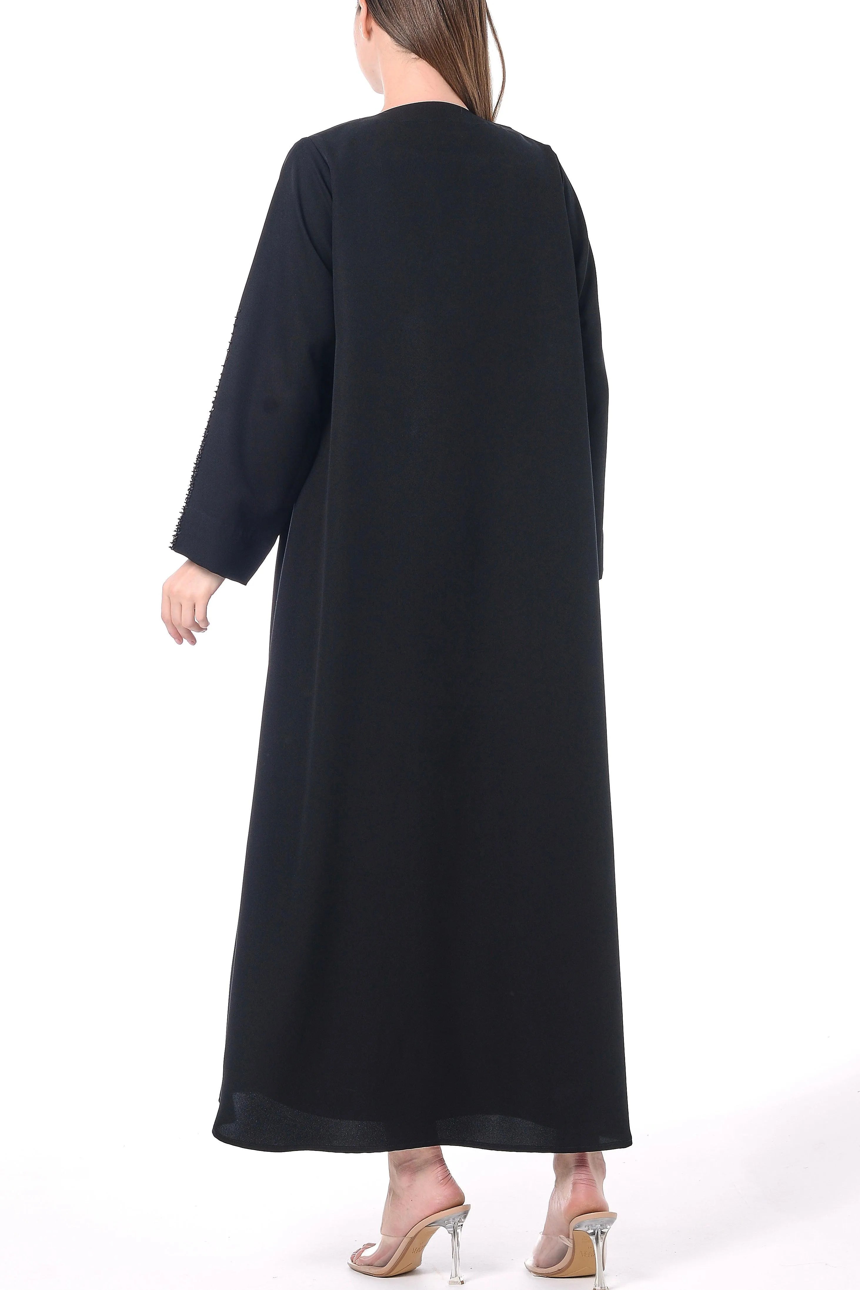 Black Emarati Crepe Abaya with Front Overlap and Beadwork Details - Posh Abaya