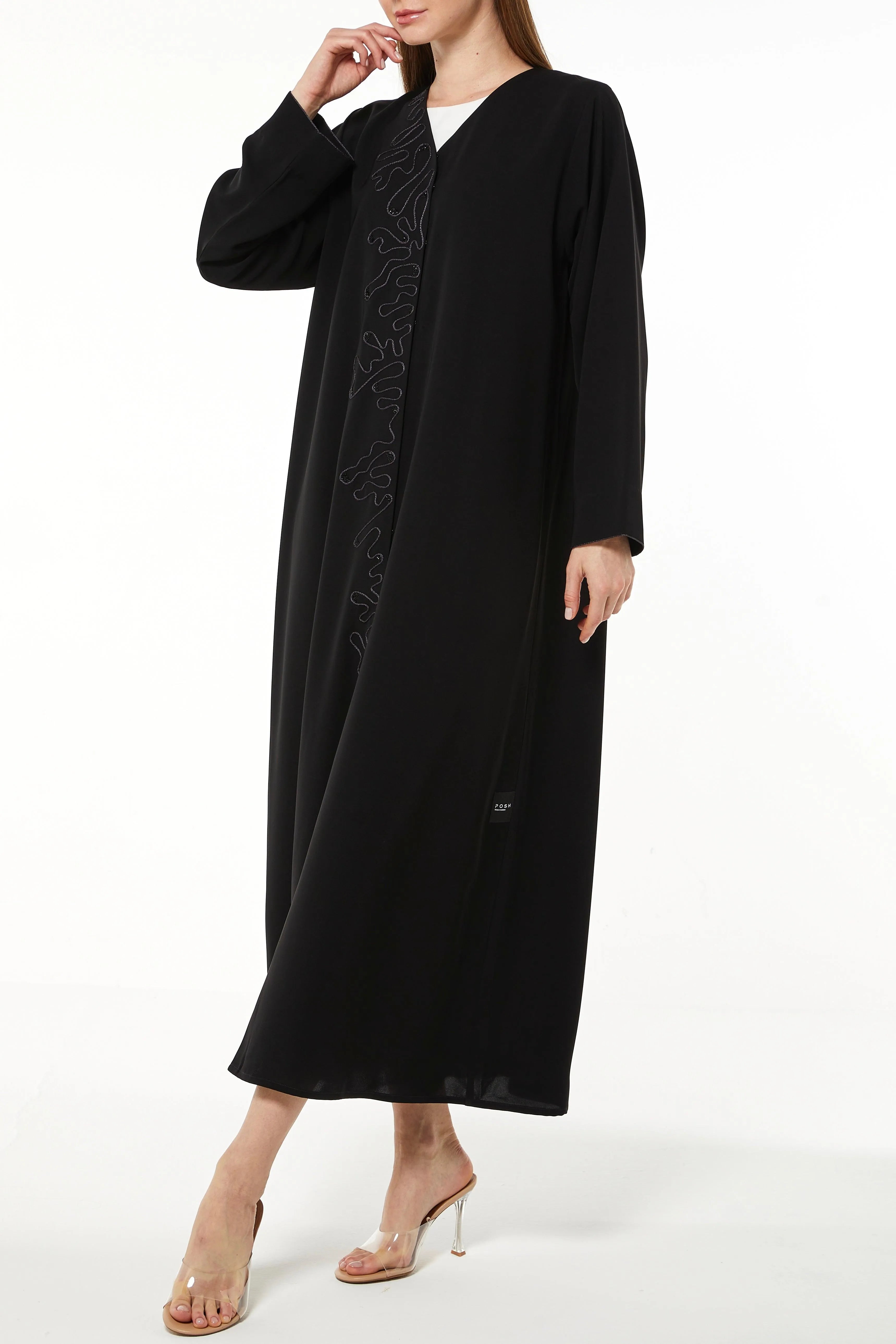Black Aria Crepe Abaya with Asymmetric Threadwork - Posh Abaya