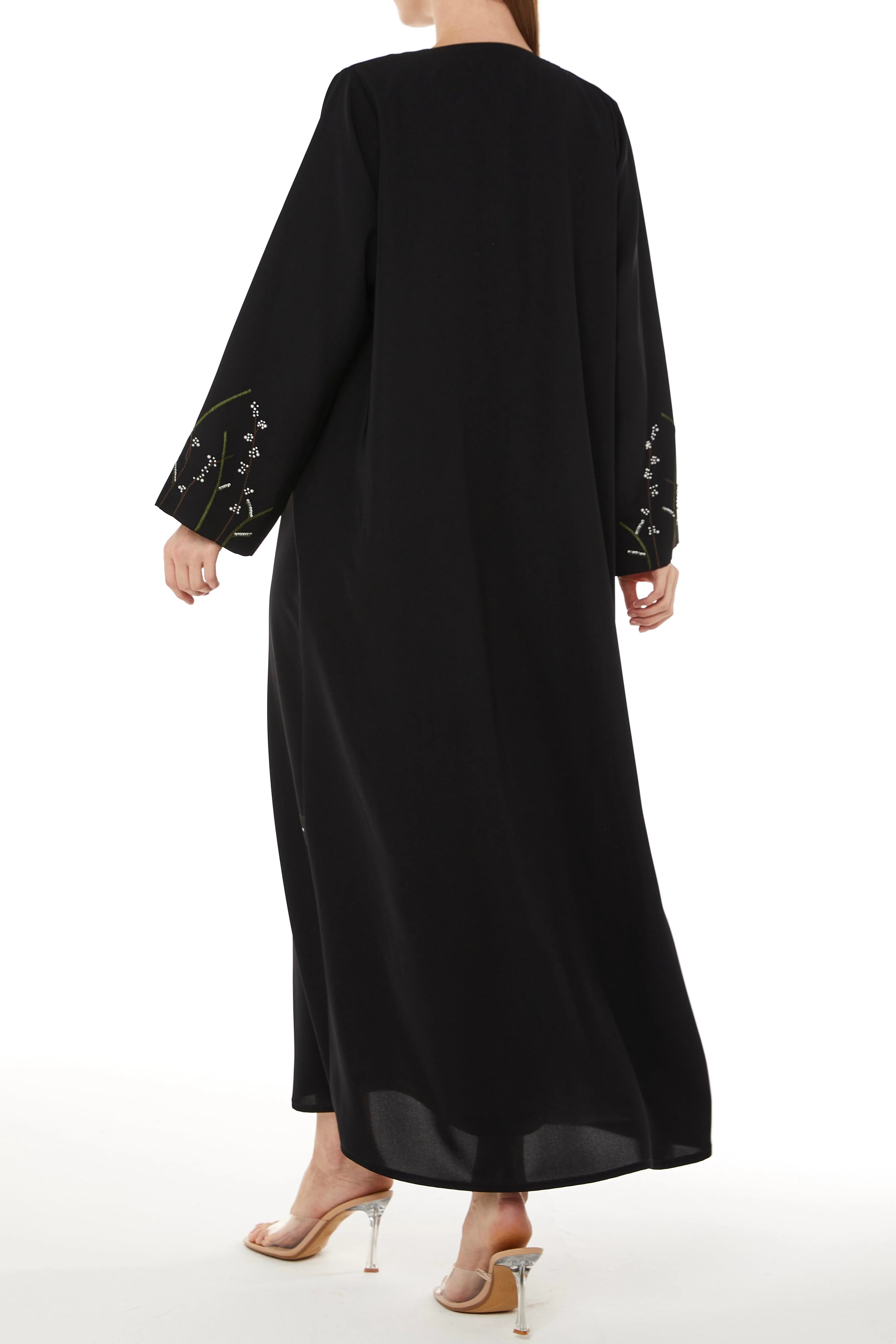 Black Tokyo Crepe Abaya with Sleeves Embelishments - Posh Abaya