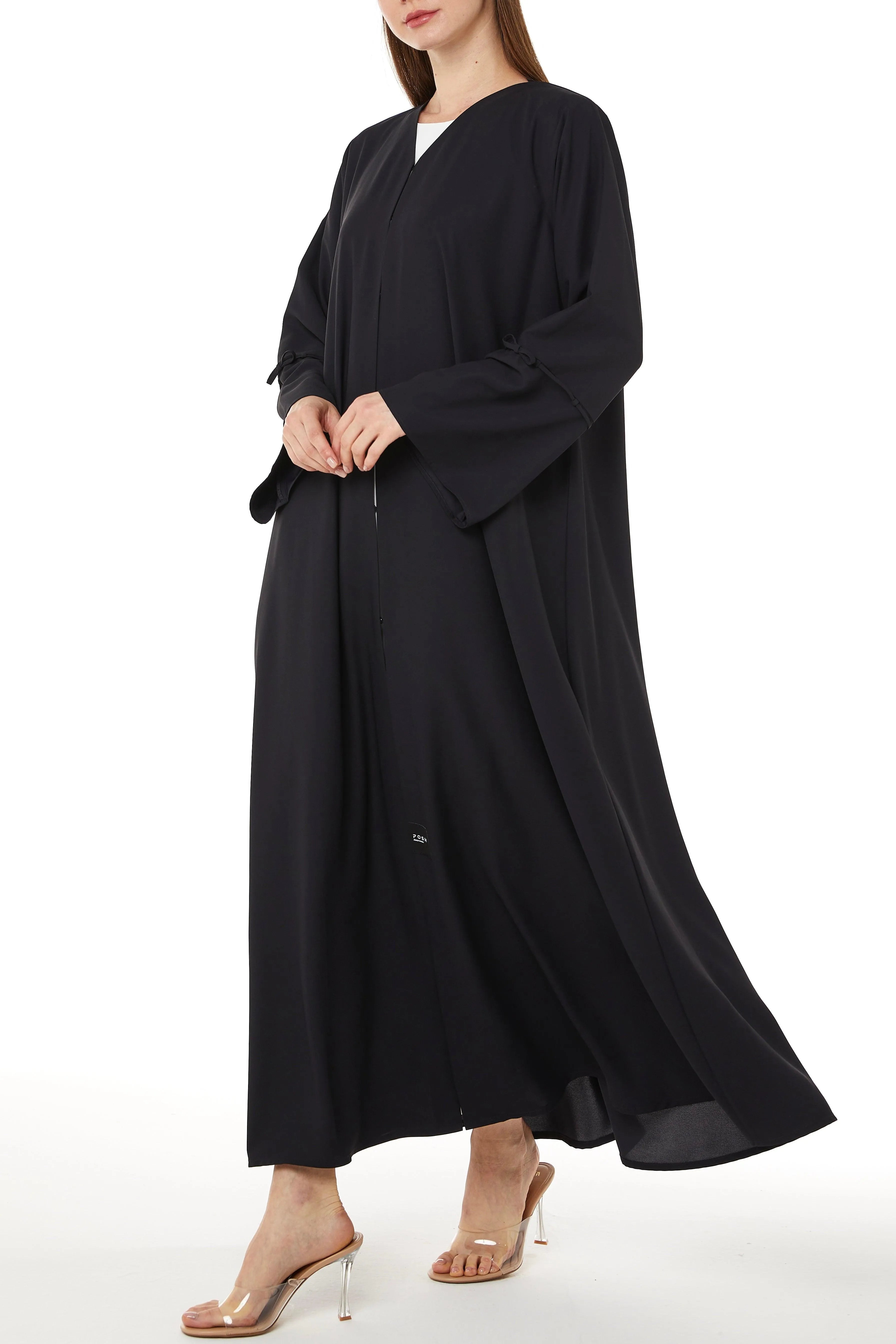 Black Cool Crepe Abaya with Miniature Bow Ties on Sleeves - Posh Abaya