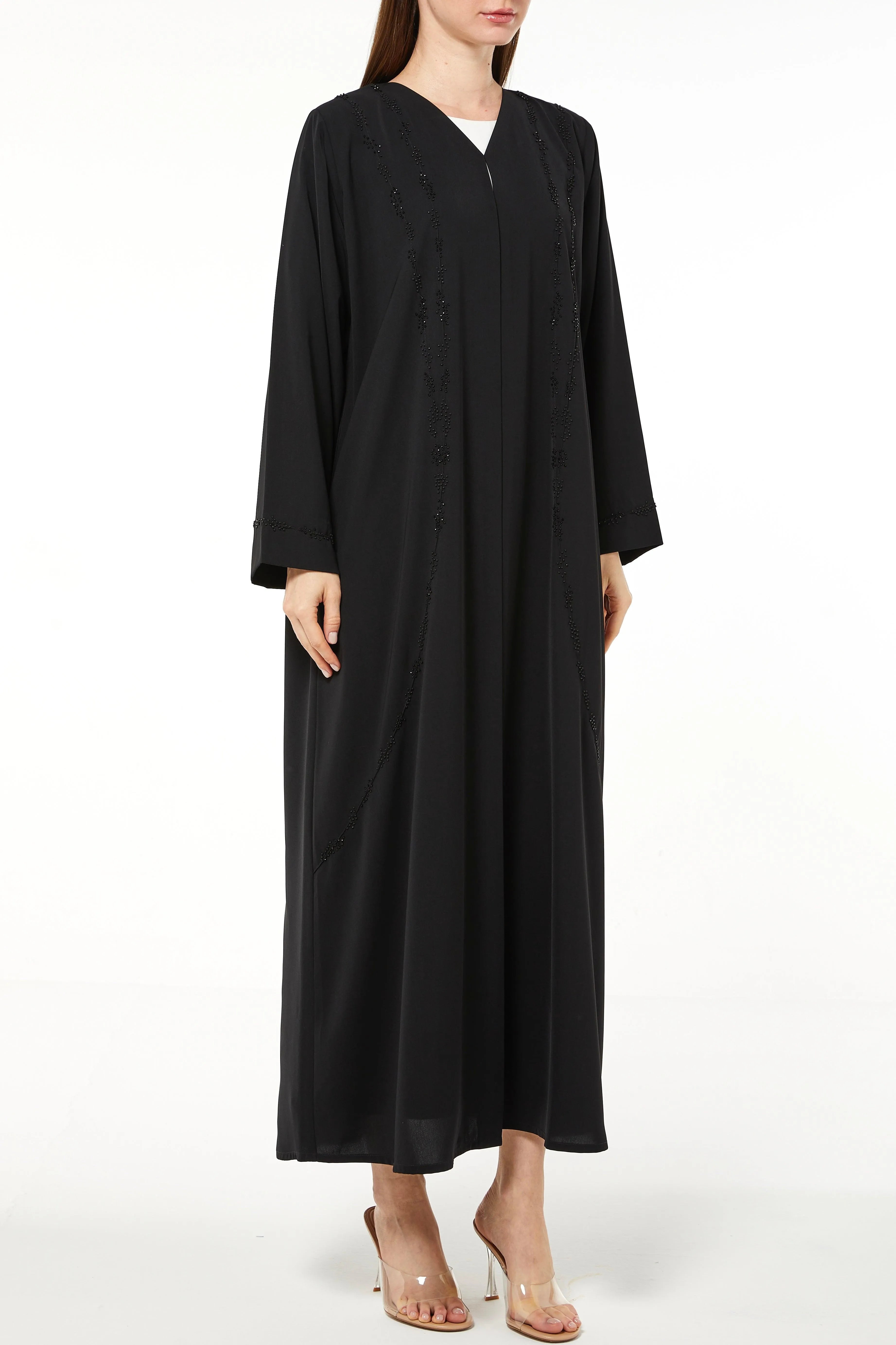 Black Tiana Crepe Abaya with Front Art Lines Beadwork - Posh Abaya