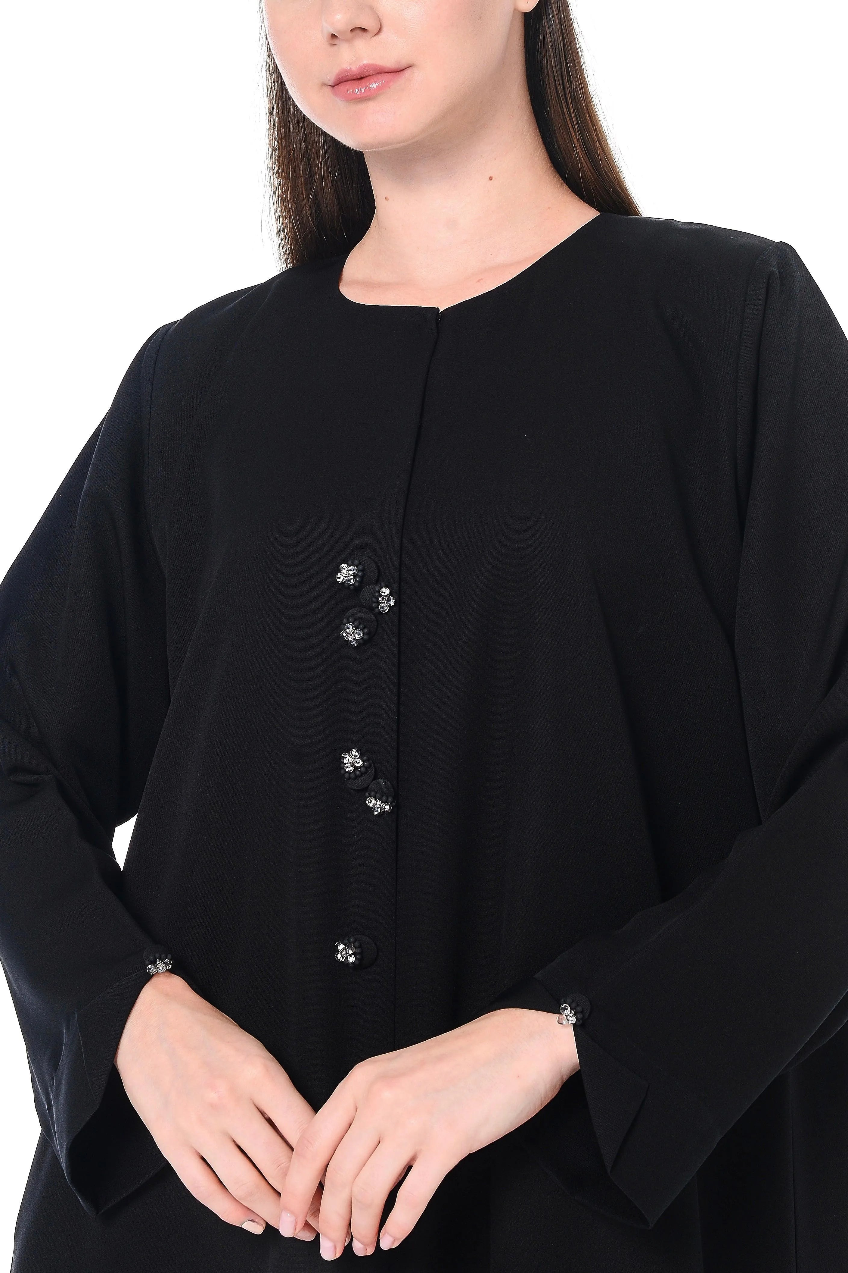 Black Emarati Crepe Abaya with Beaded Fabric Buttons - Posh Abaya