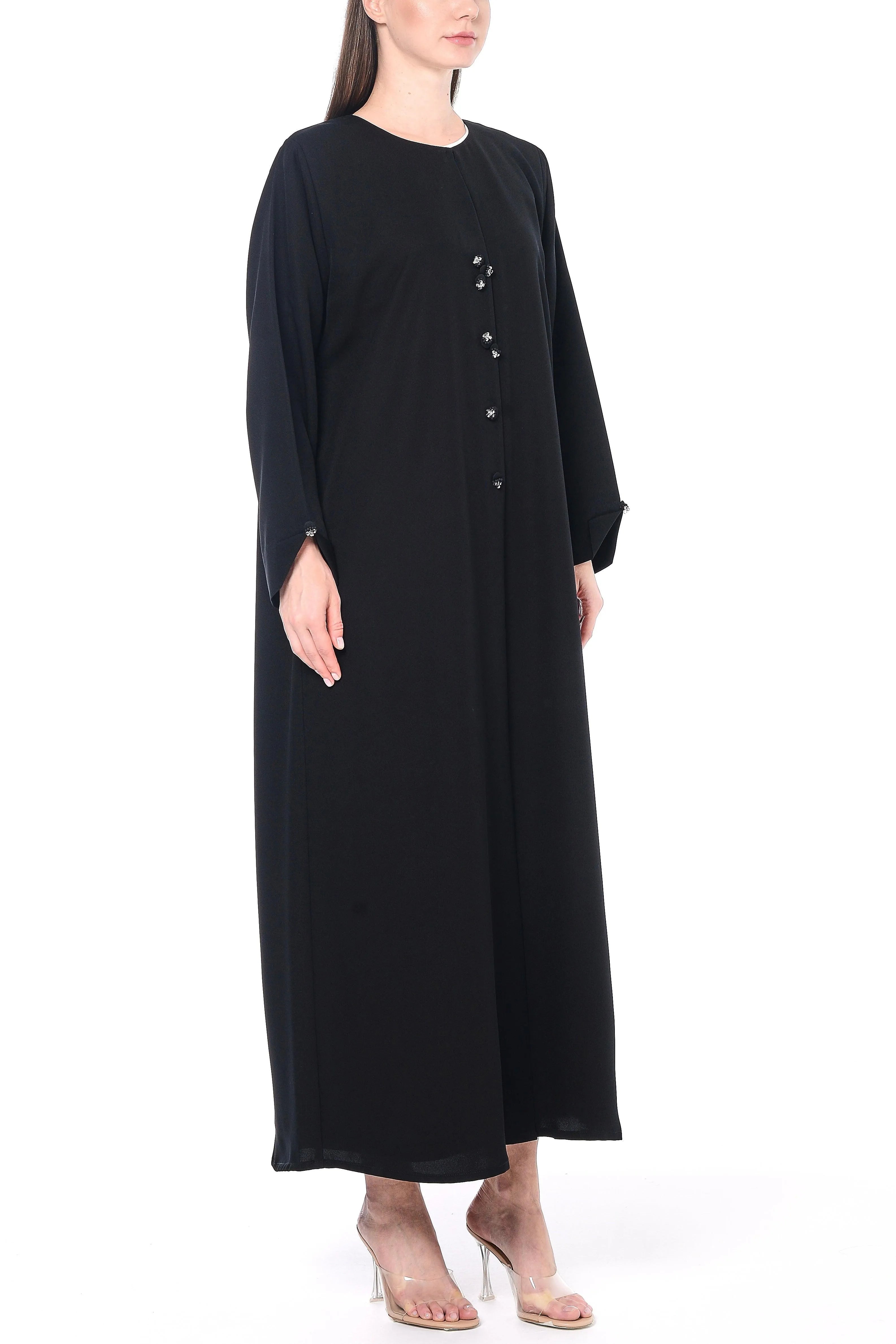 Black Emarati Crepe Abaya with Beaded Fabric Buttons - Posh Abaya