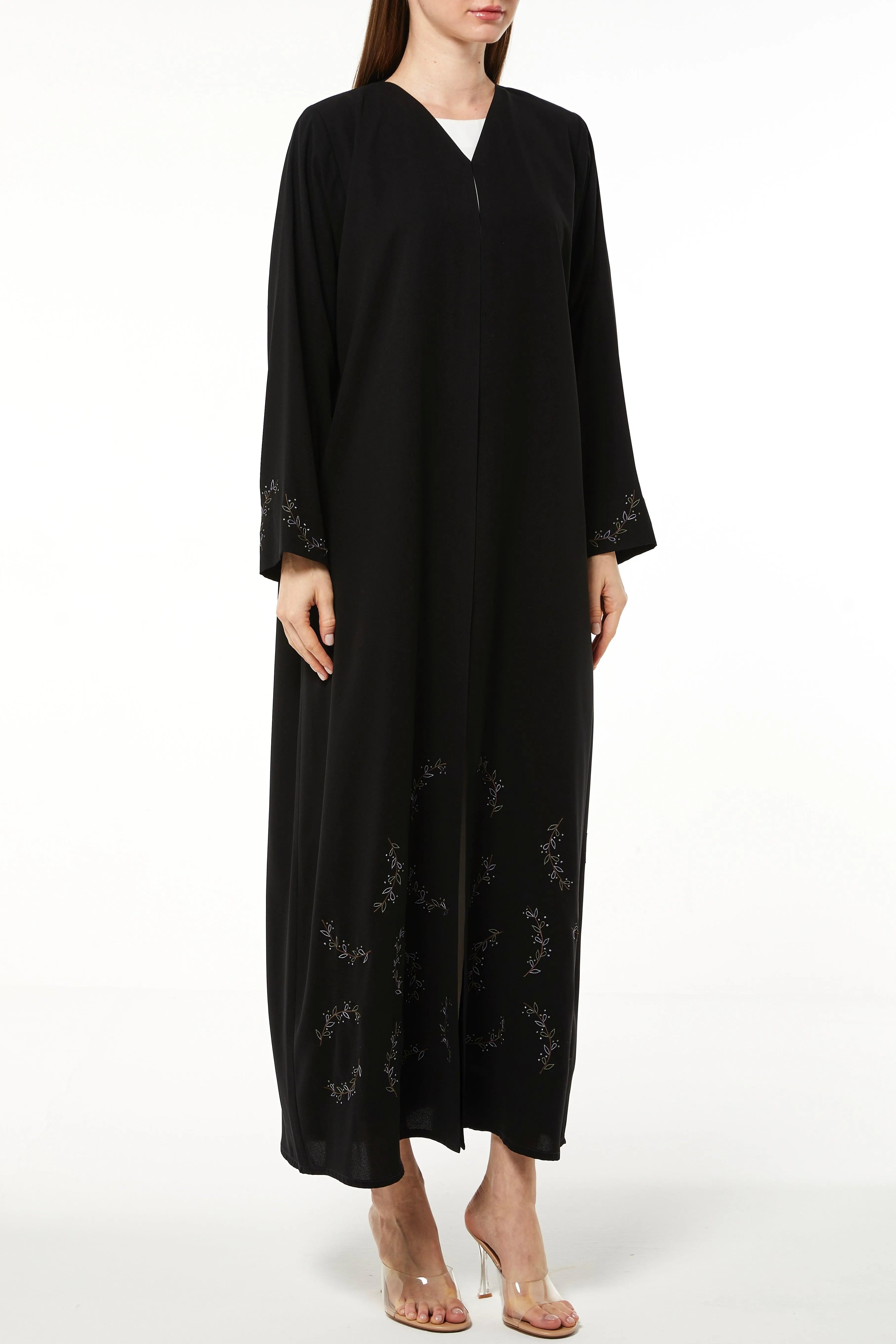 Black Eloise Crepe Abaya with Vibrant Floral Embroidery - Posh Abaya