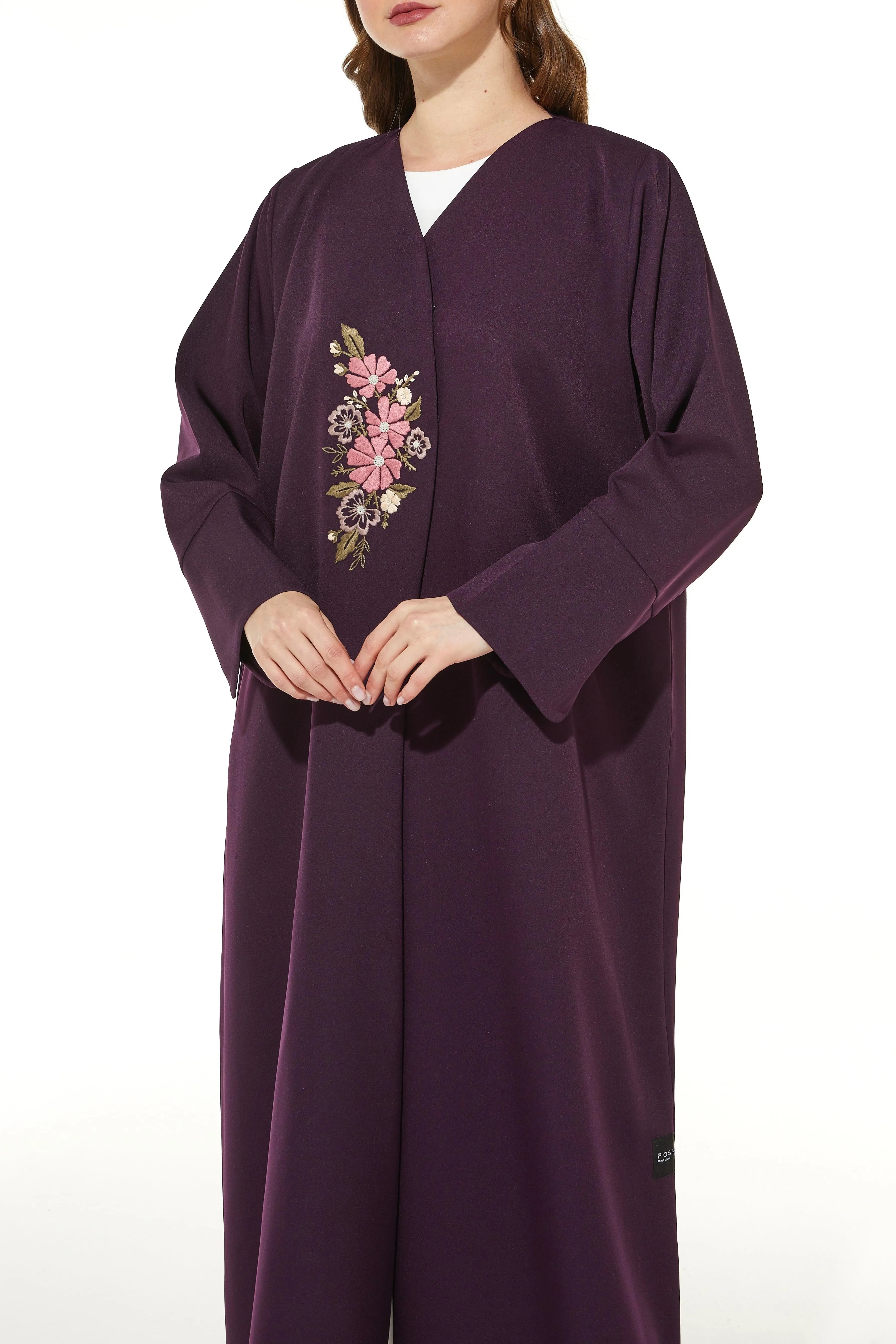 Purple Rochester Crepe Abaya with Handcrafted Embroidery Overlap - Posh Abaya