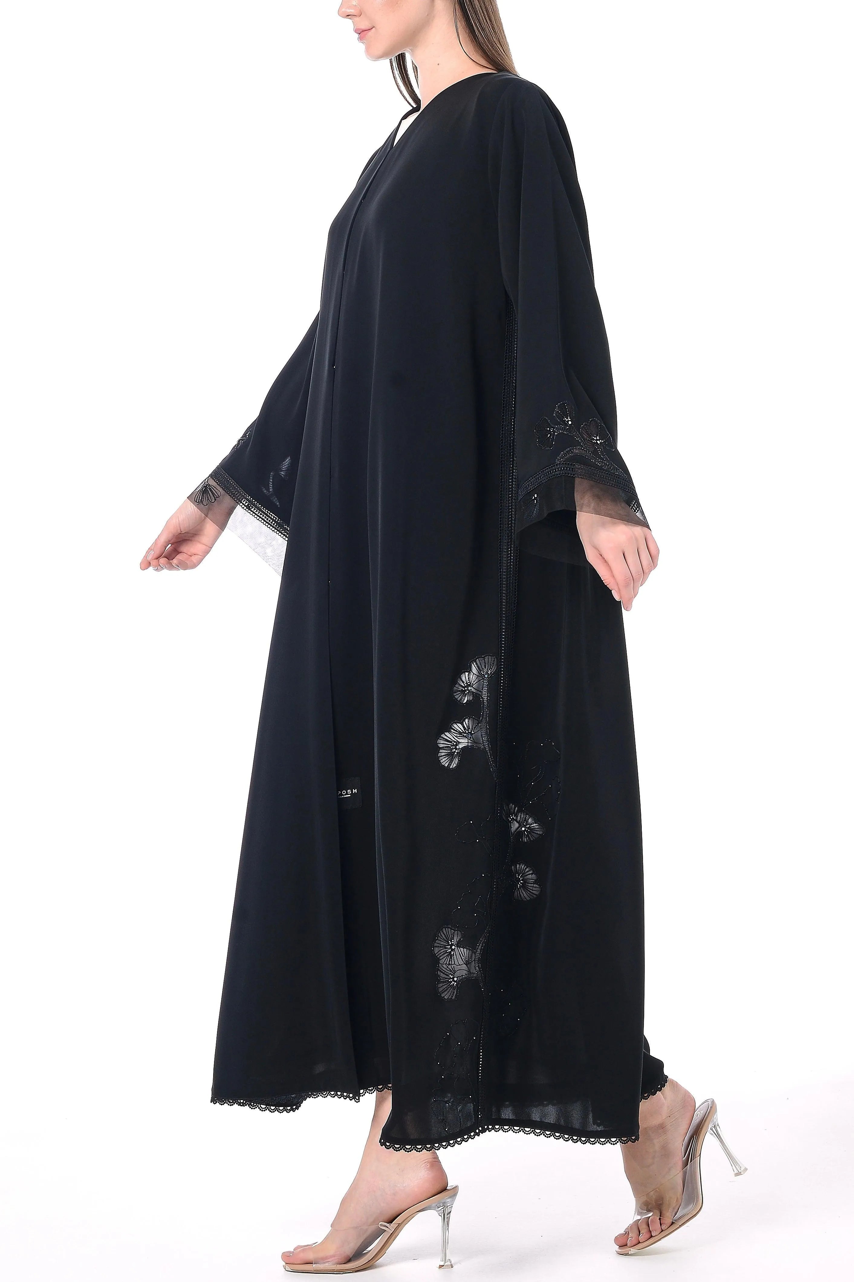Black Royal Nada Abaya with Floral Lacework Detail - Posh Abaya