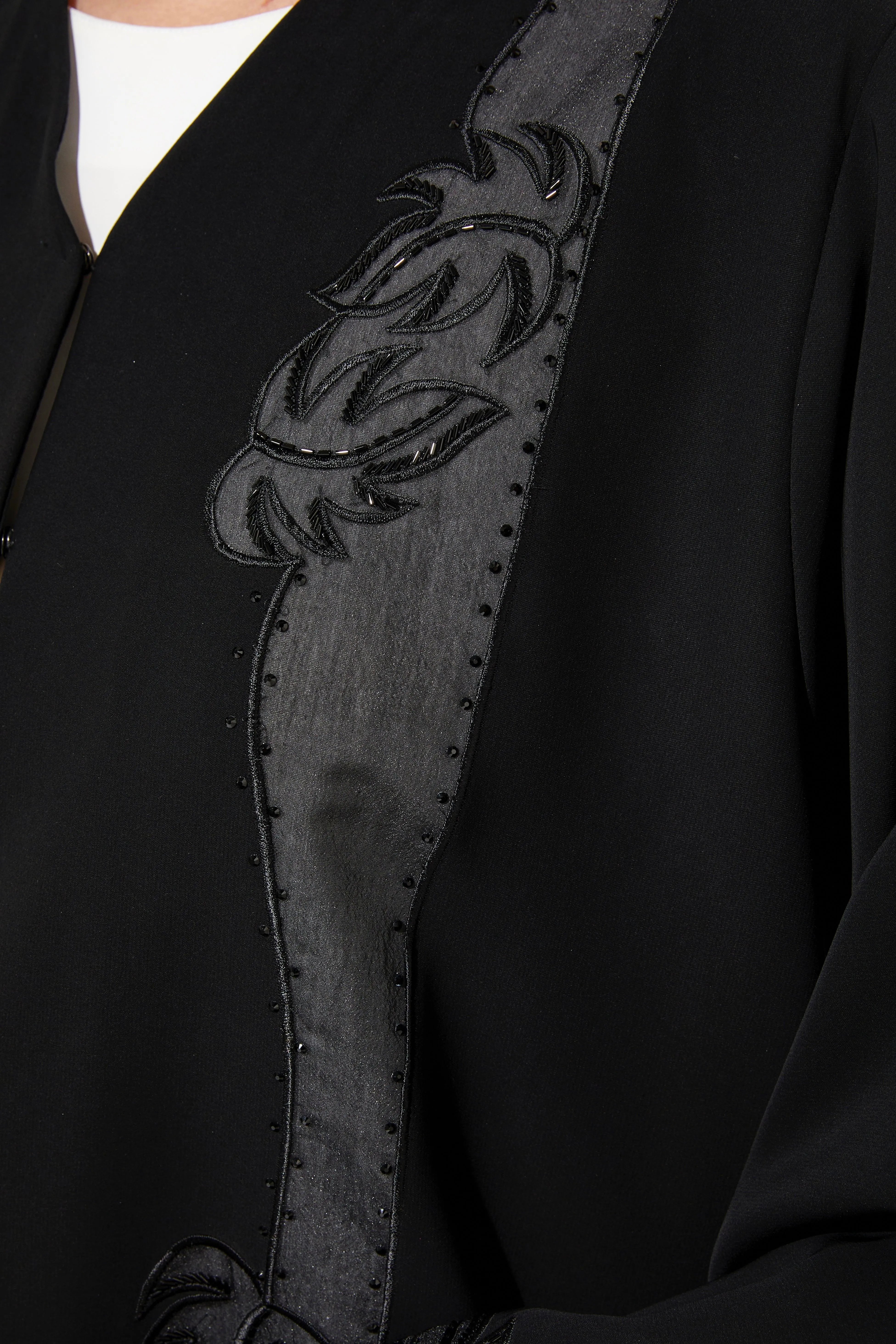 Black Classic Nada Abaya with Front Semi Floral Beadwork - Posh Abaya