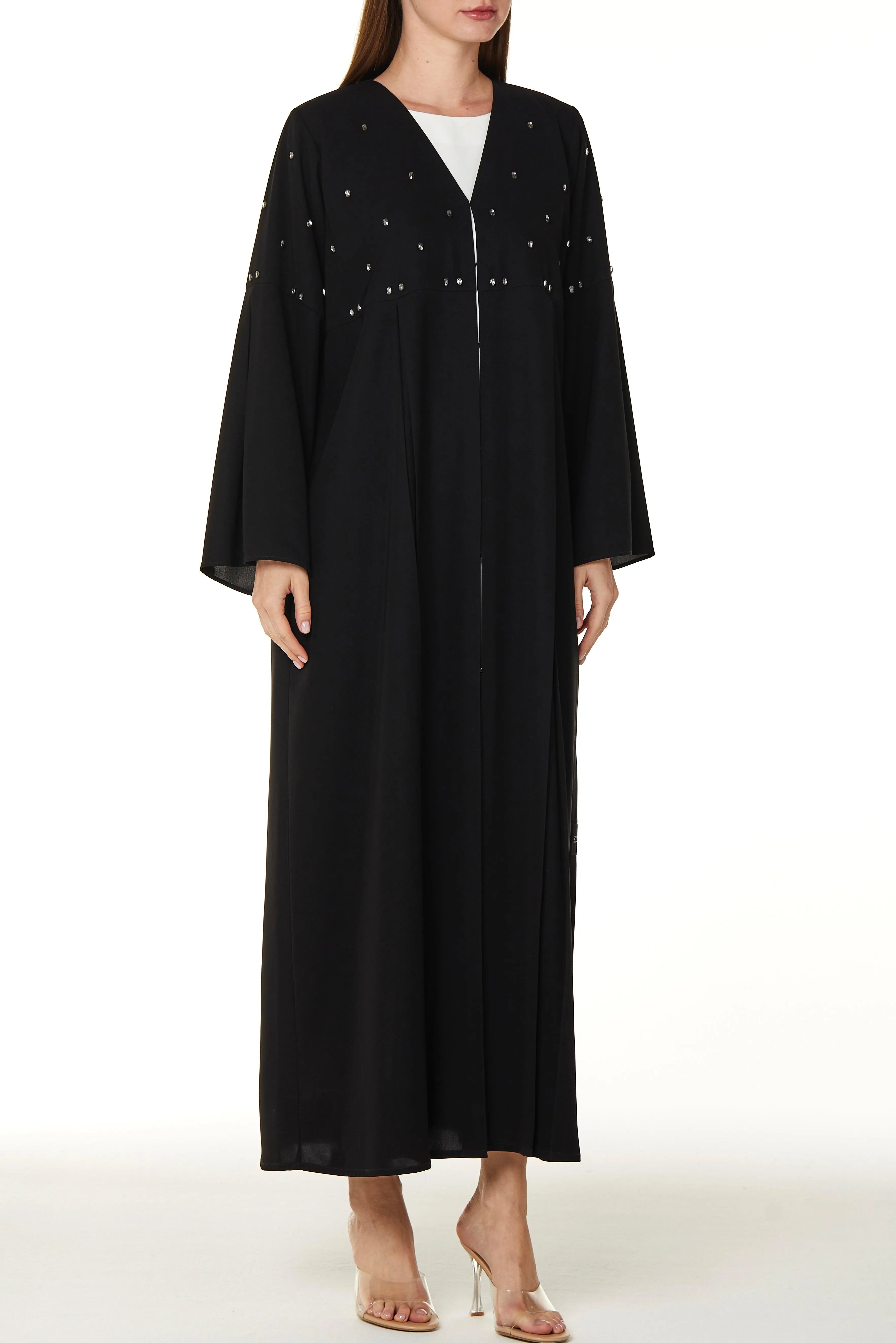 Black Aria Crepe Abaya with Front Pleats with Beaded Front Panel and Flared Sleeves - Posh Abaya