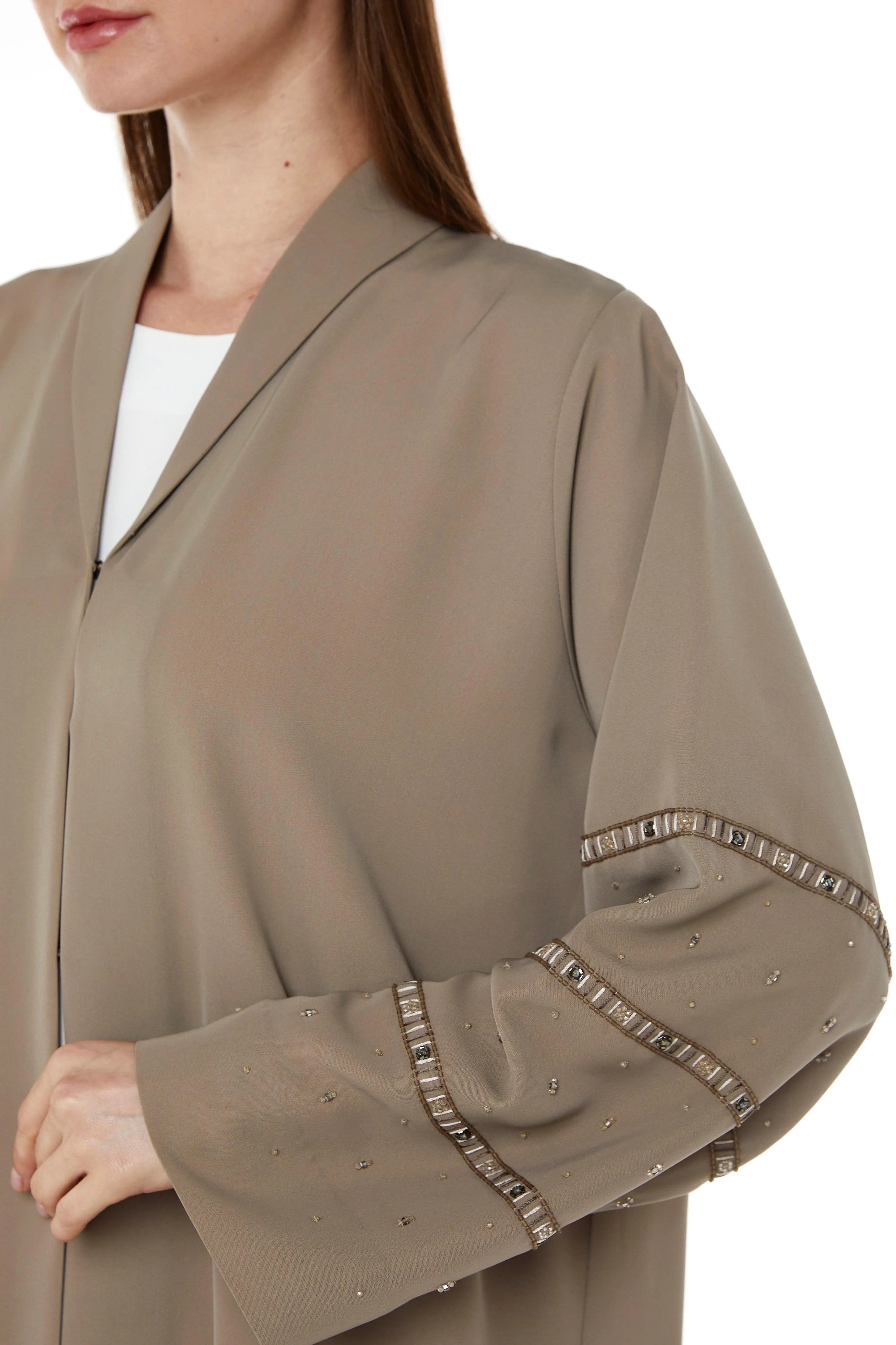 Beige Tokyo Crepe Abaya with Collar and Beadwork on Sleeves - Posh Abaya