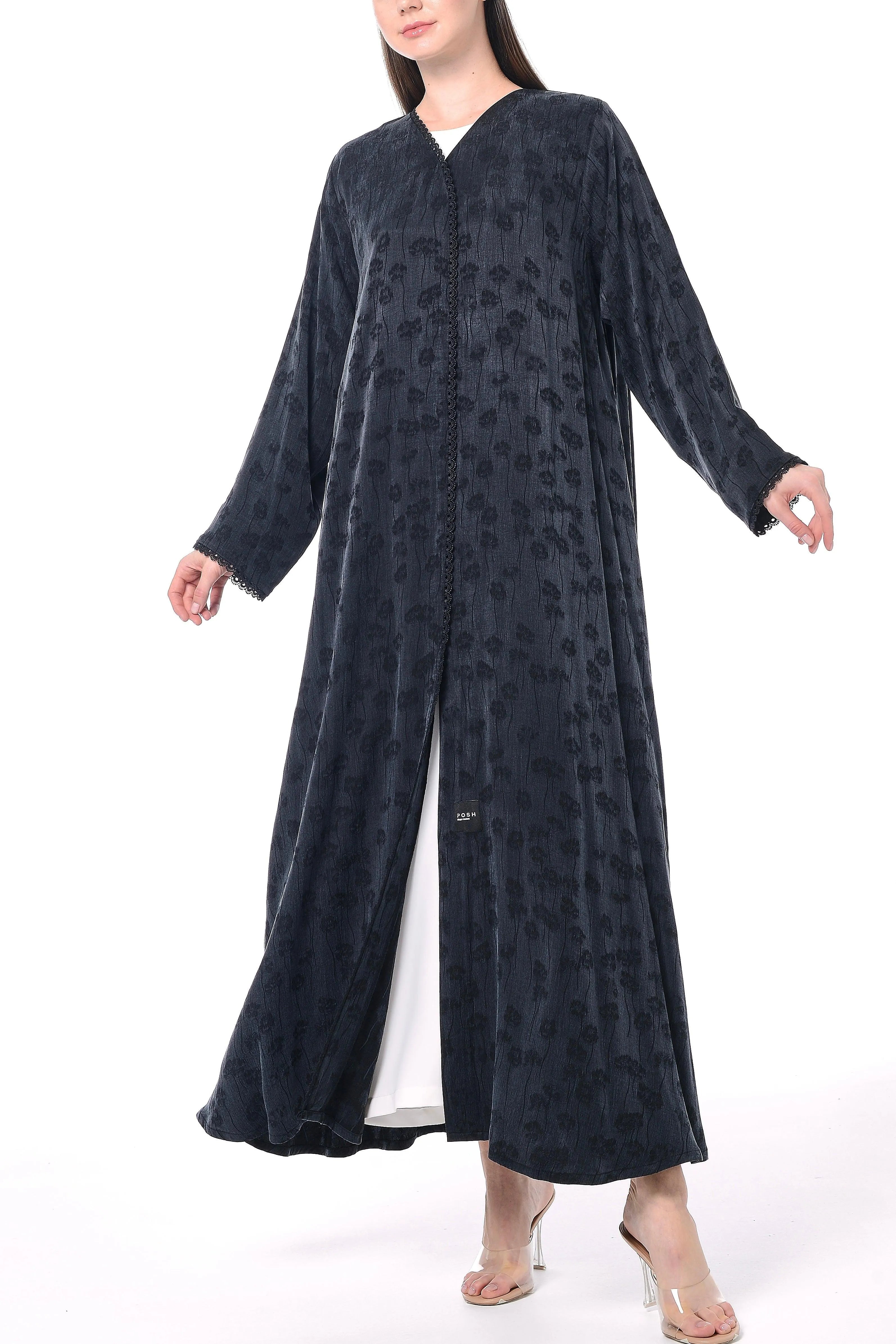 Black Furla Cupro Abaya with Front Overlap and Lace Detail - Posh Abaya