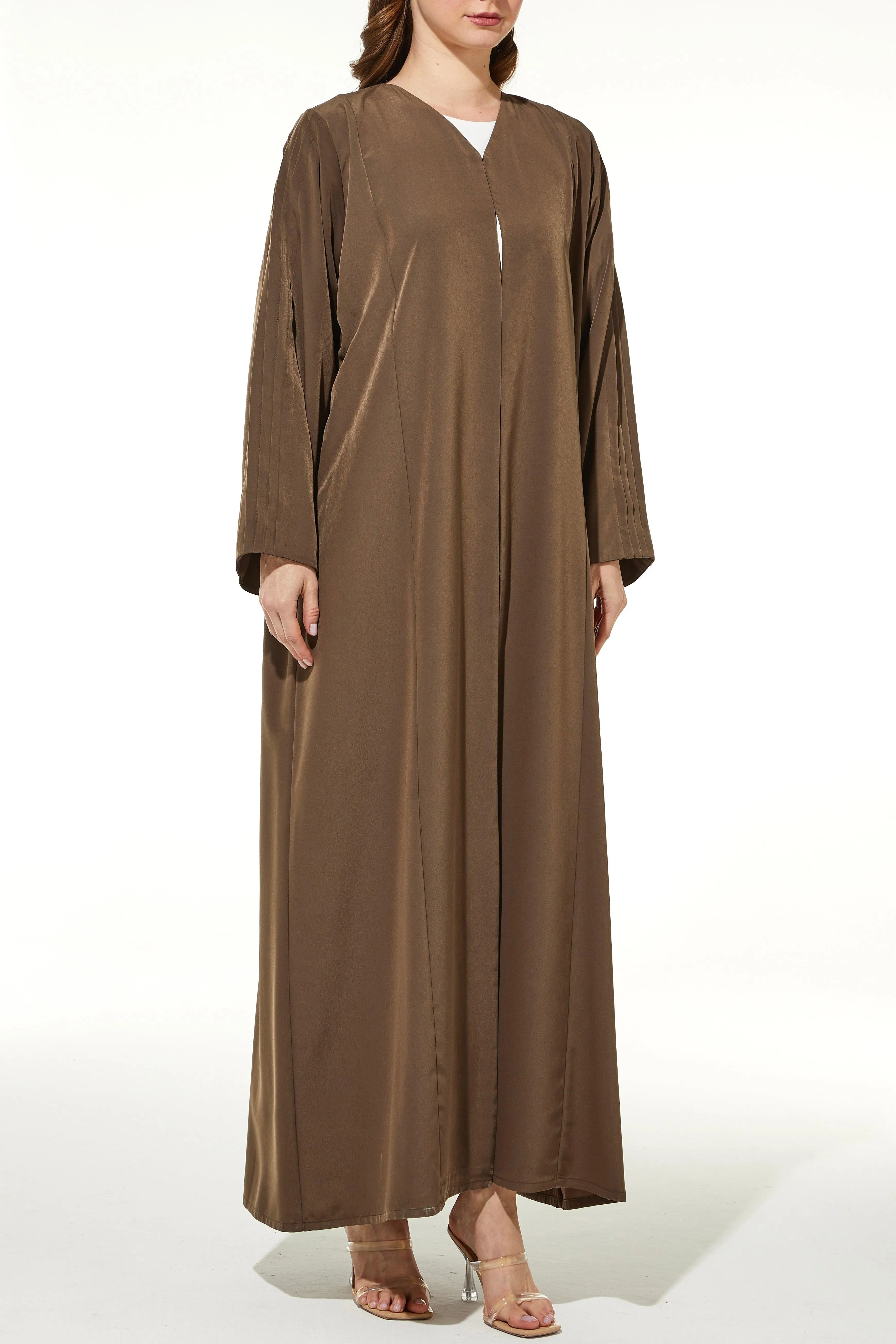Brown Pearl Suede Abaya with Pleat Sleeve - Posh Abaya
