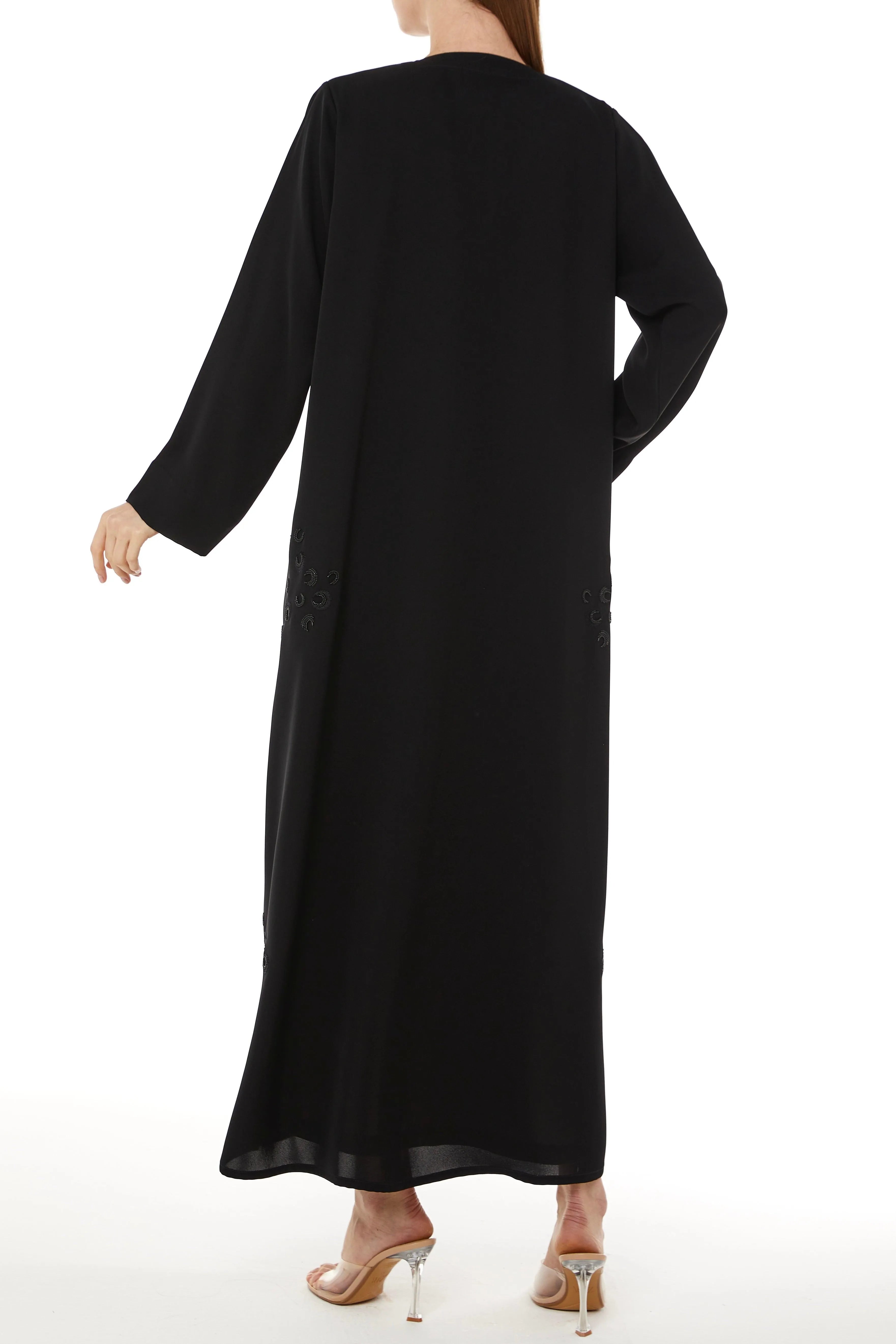 Black Farasha Crepe Abaya with Front Scattered Beadwork - Posh Abaya