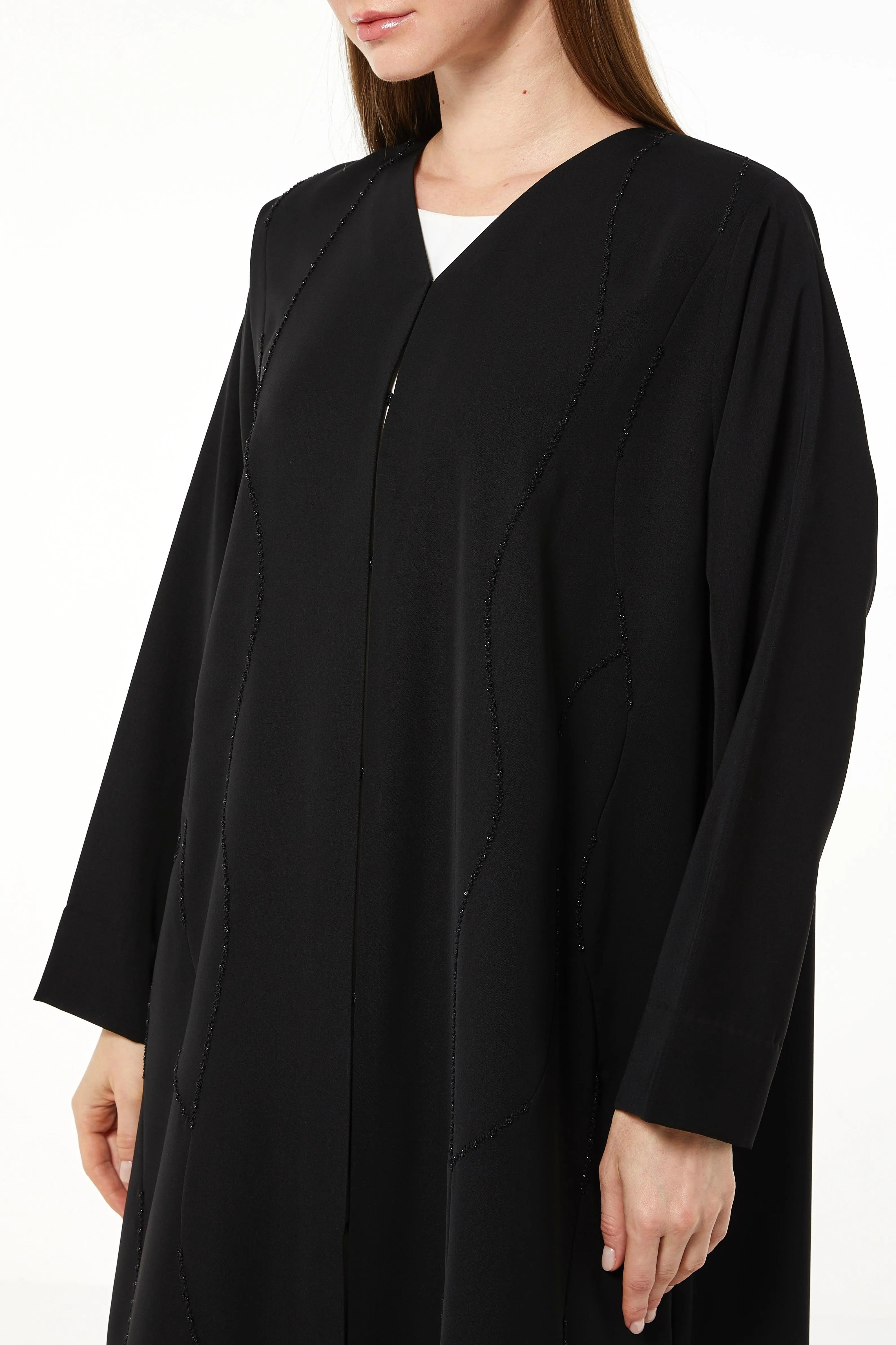 Black Tokyo Crepe Abaya with Front Threadwork and Beads - Posh Abaya