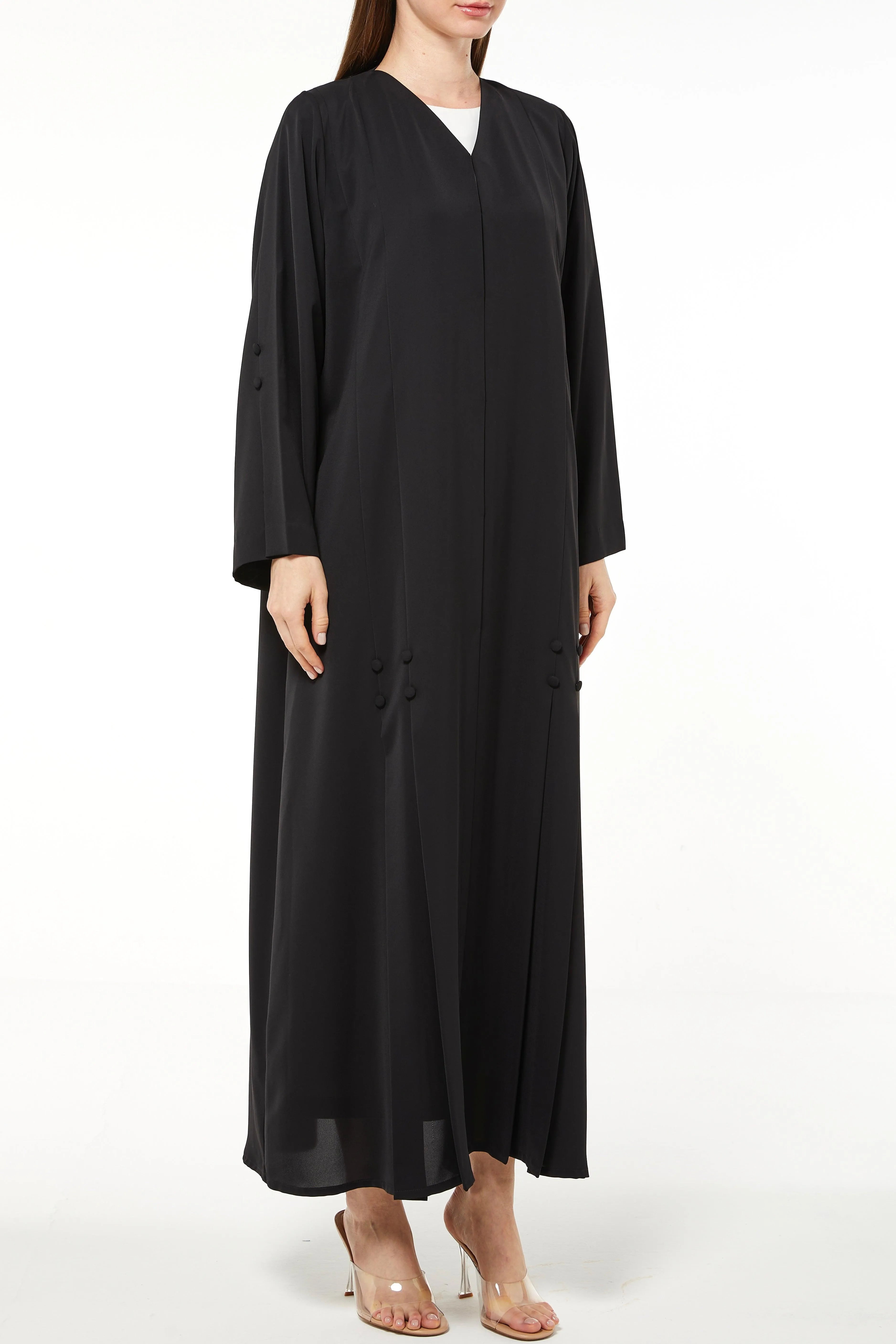 Black Remi Crepe Abaya with Sleek Pleat Buttons - Posh Abaya