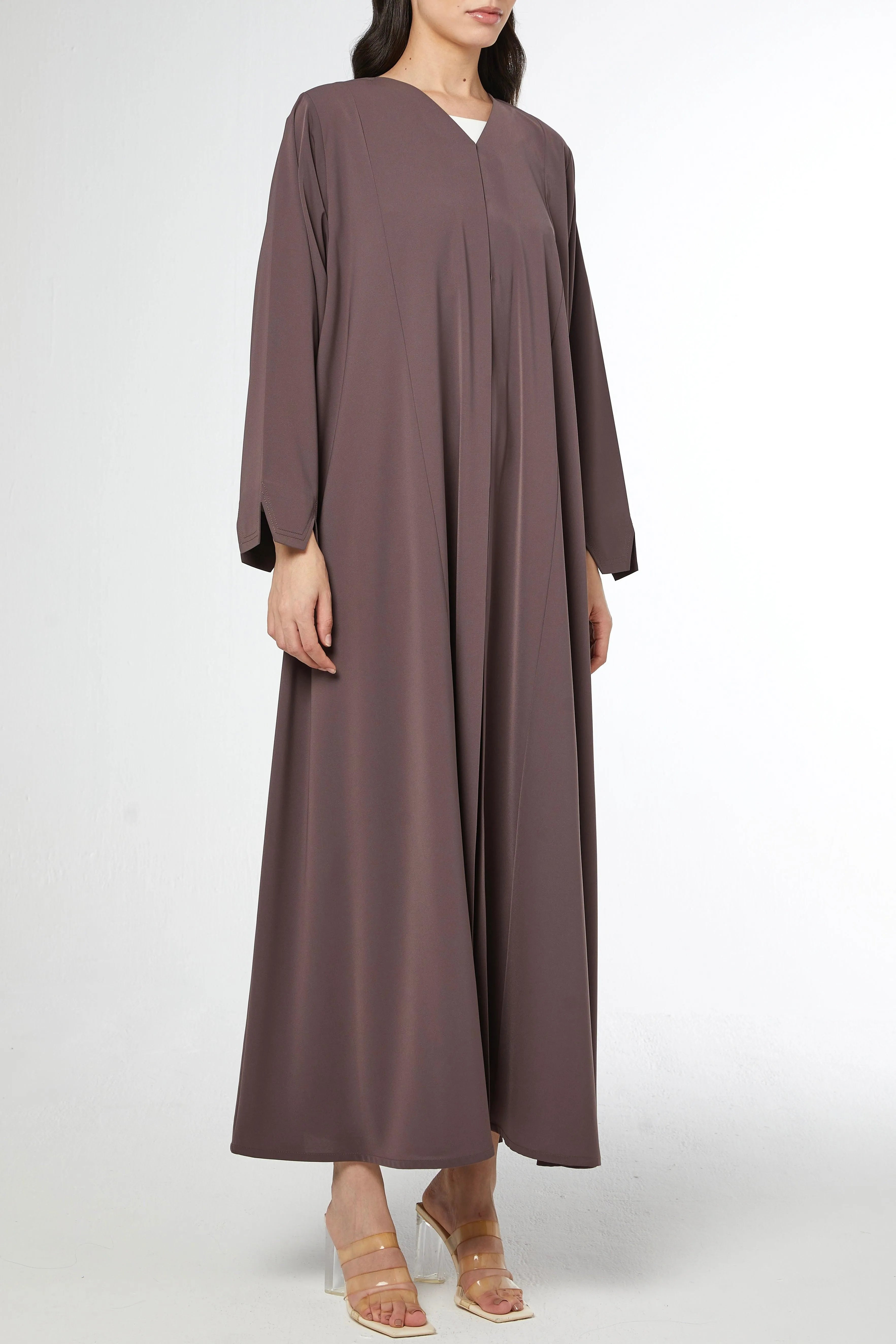 Brown Tiana Crepe Abaya with Front and Sleeve Cuts - Posh Abaya