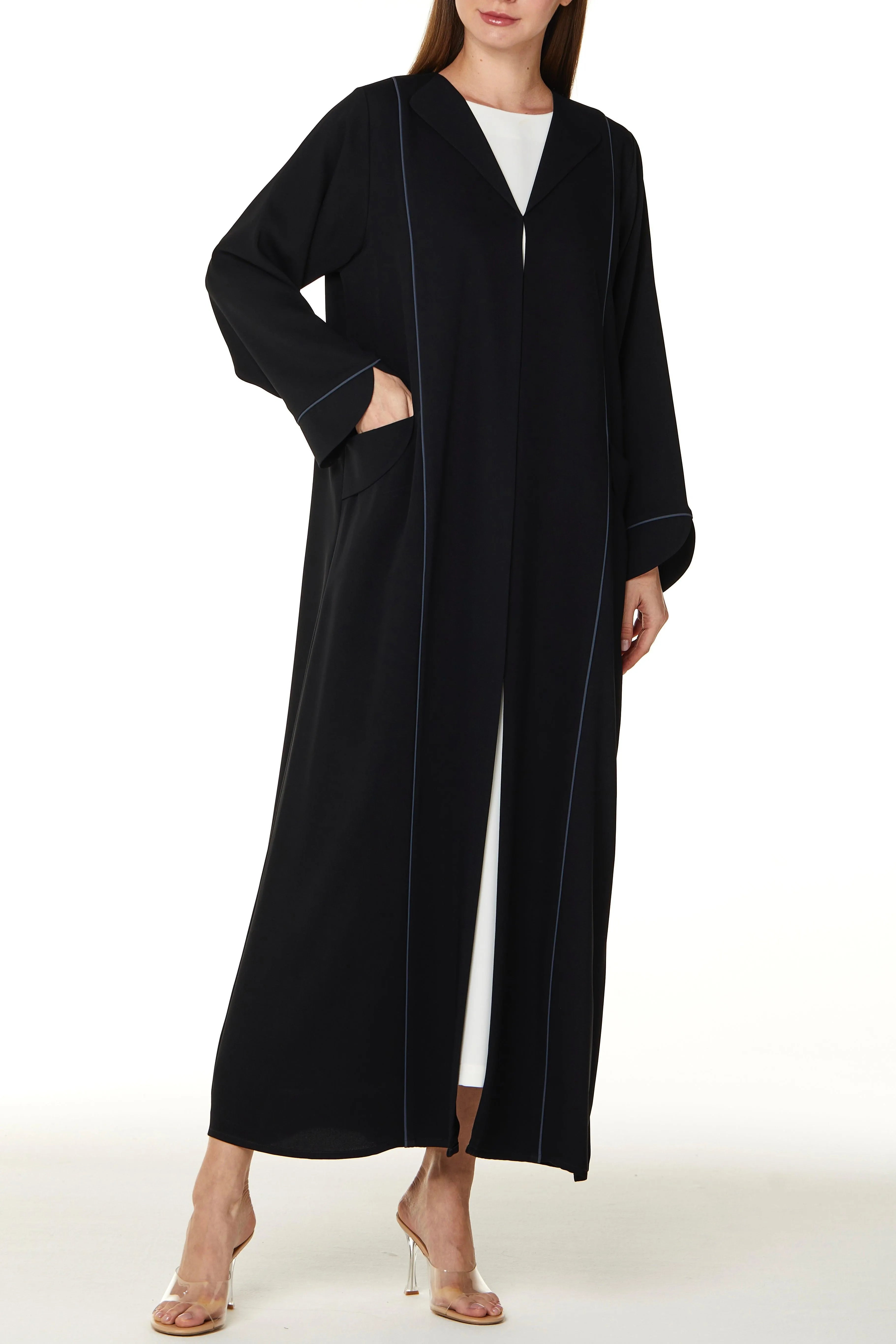 Black Layan Crepe Abaya with Collar and Piping Detail - Posh Abaya