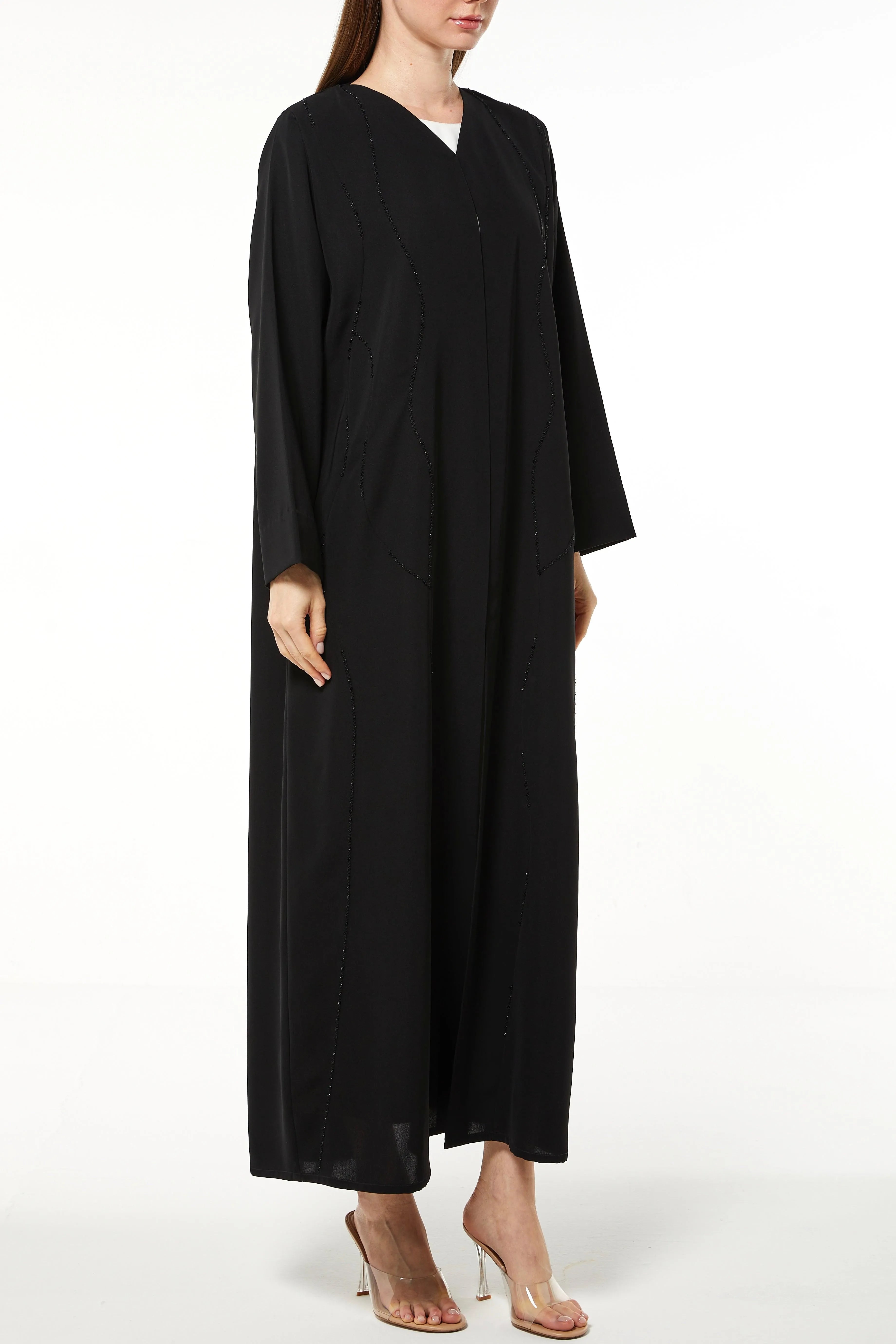 Black Tokyo Crepe Abaya with Front Threadwork and Beads - Posh Abaya