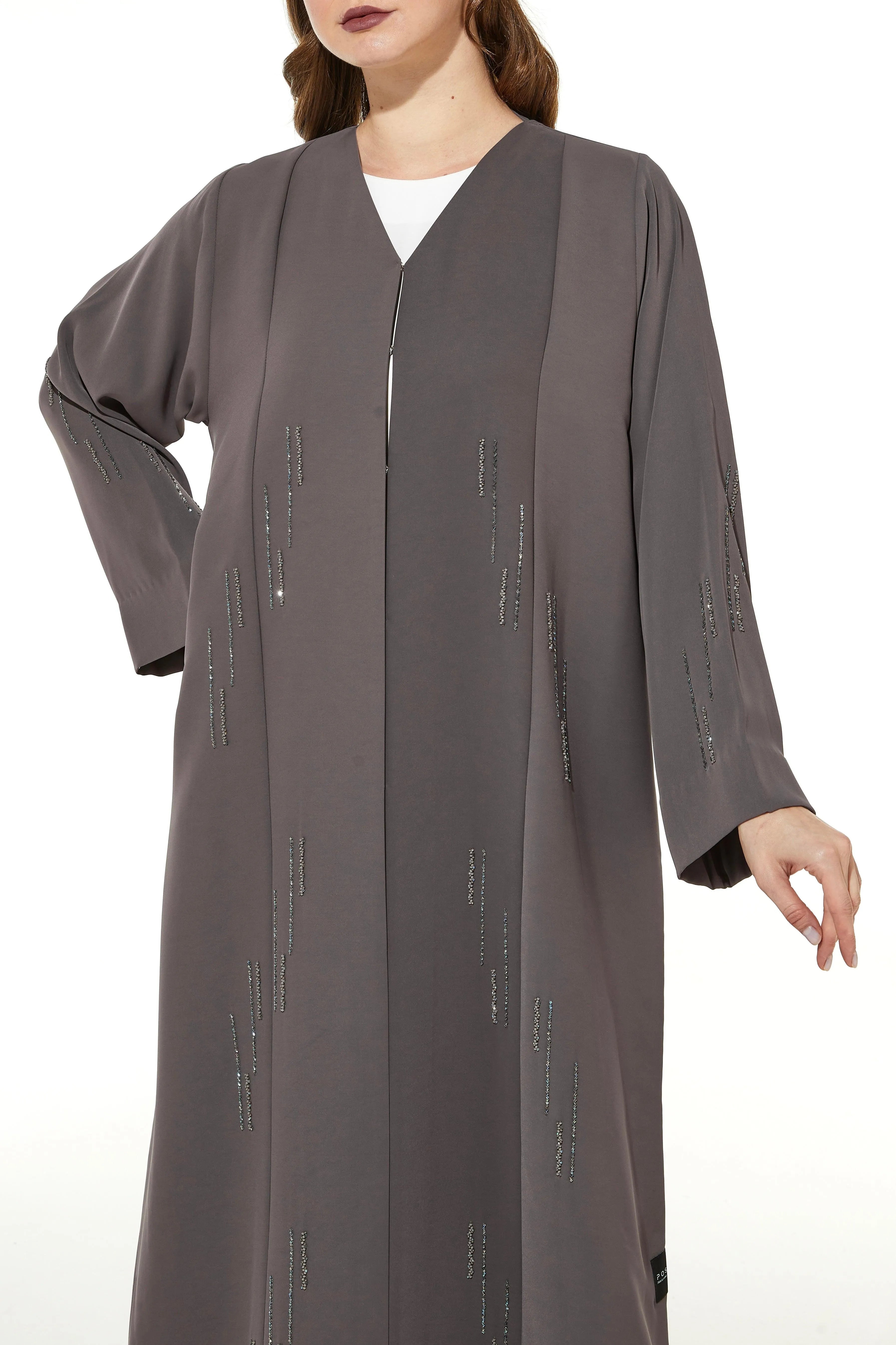 Light Brown Rose Crepe Abaya with Front Linear Beadwork - Posh Abaya