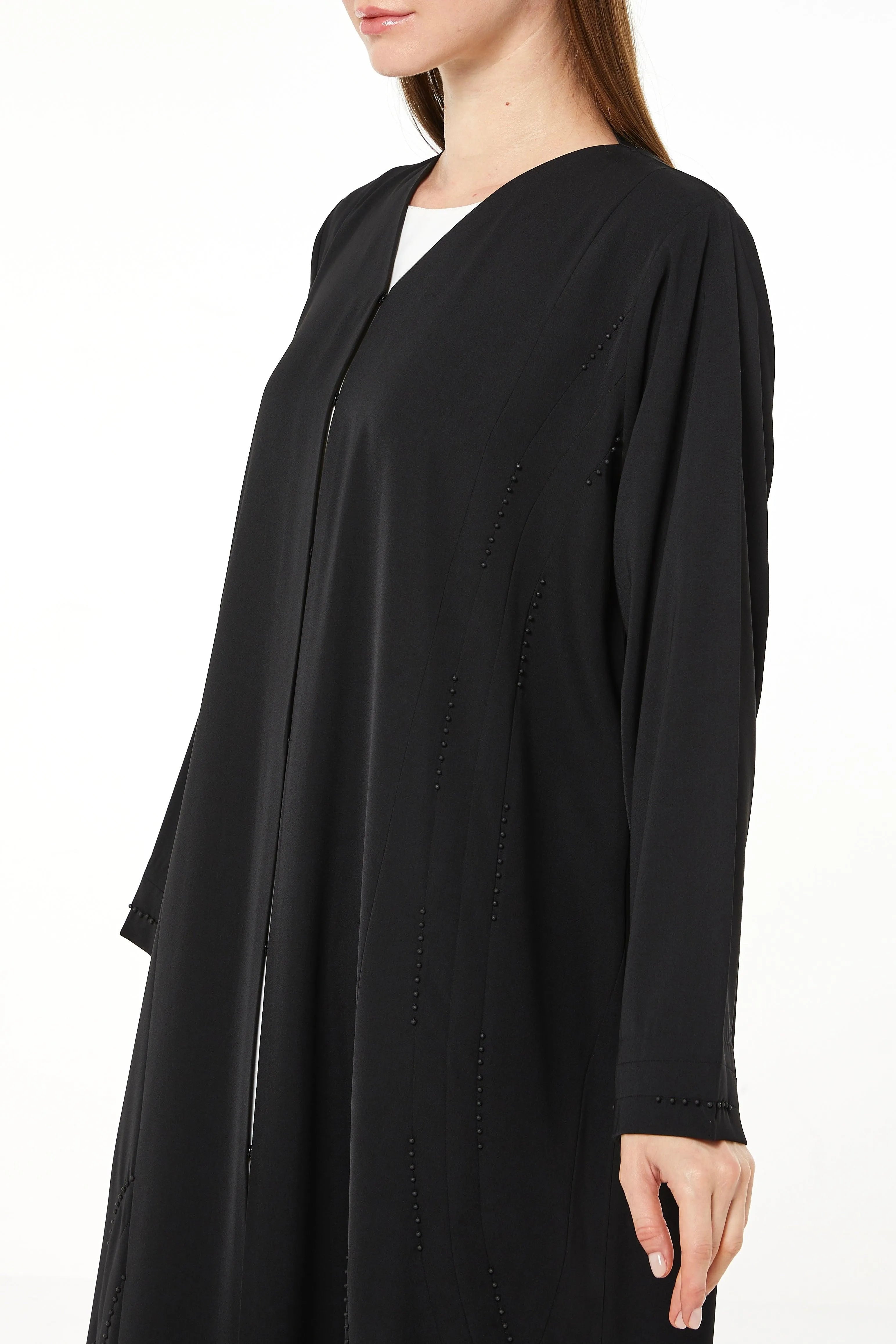 Black Tiana Crepe Abaya with Front Beaded Pintuck - Posh Abaya