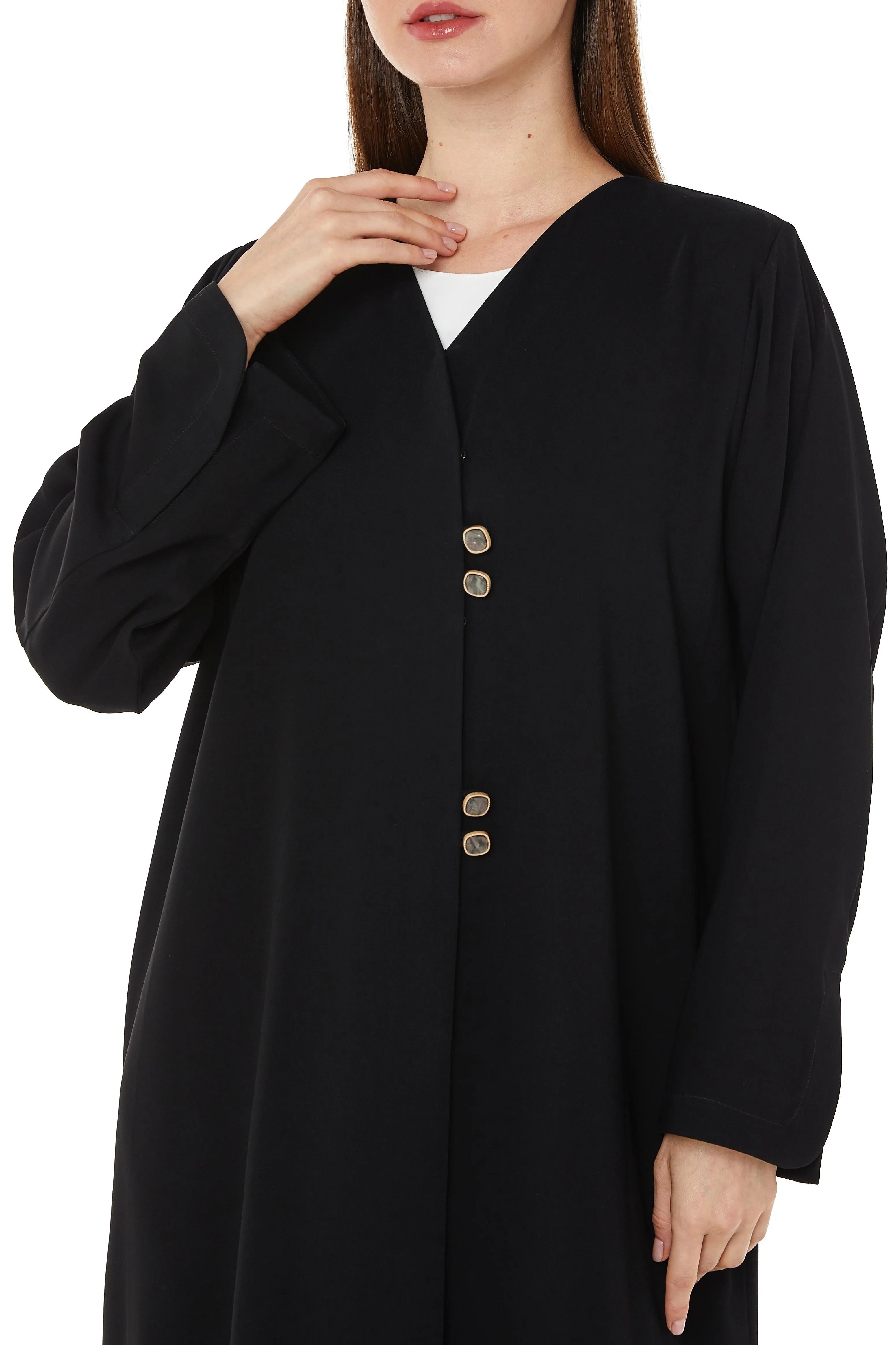 Black Layan Ready Abaya with Buttoned Overlap Fronts - Posh Abaya