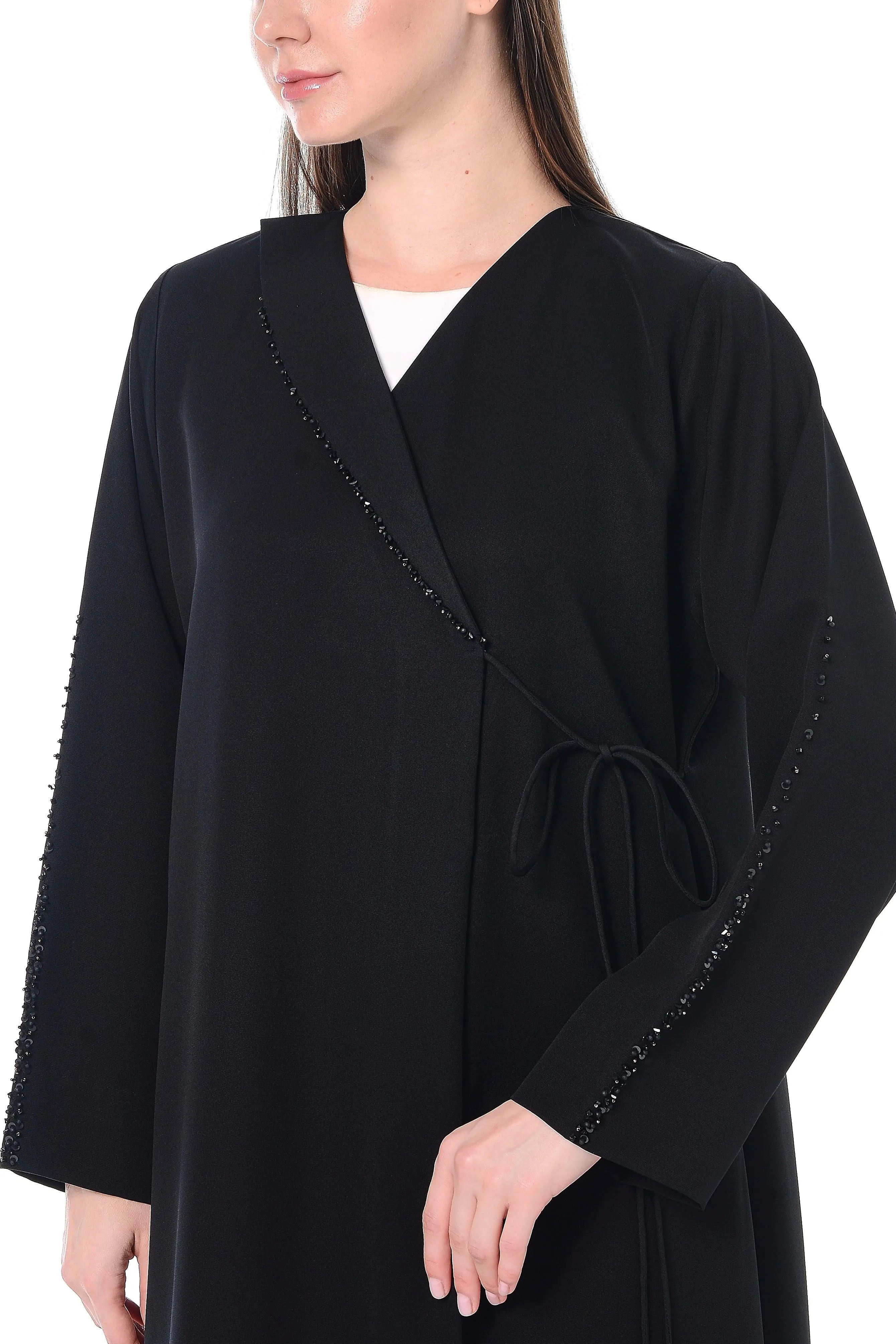 Black Emarati Crepe Abaya with Front Overlap and Beadwork Details - Posh Abaya