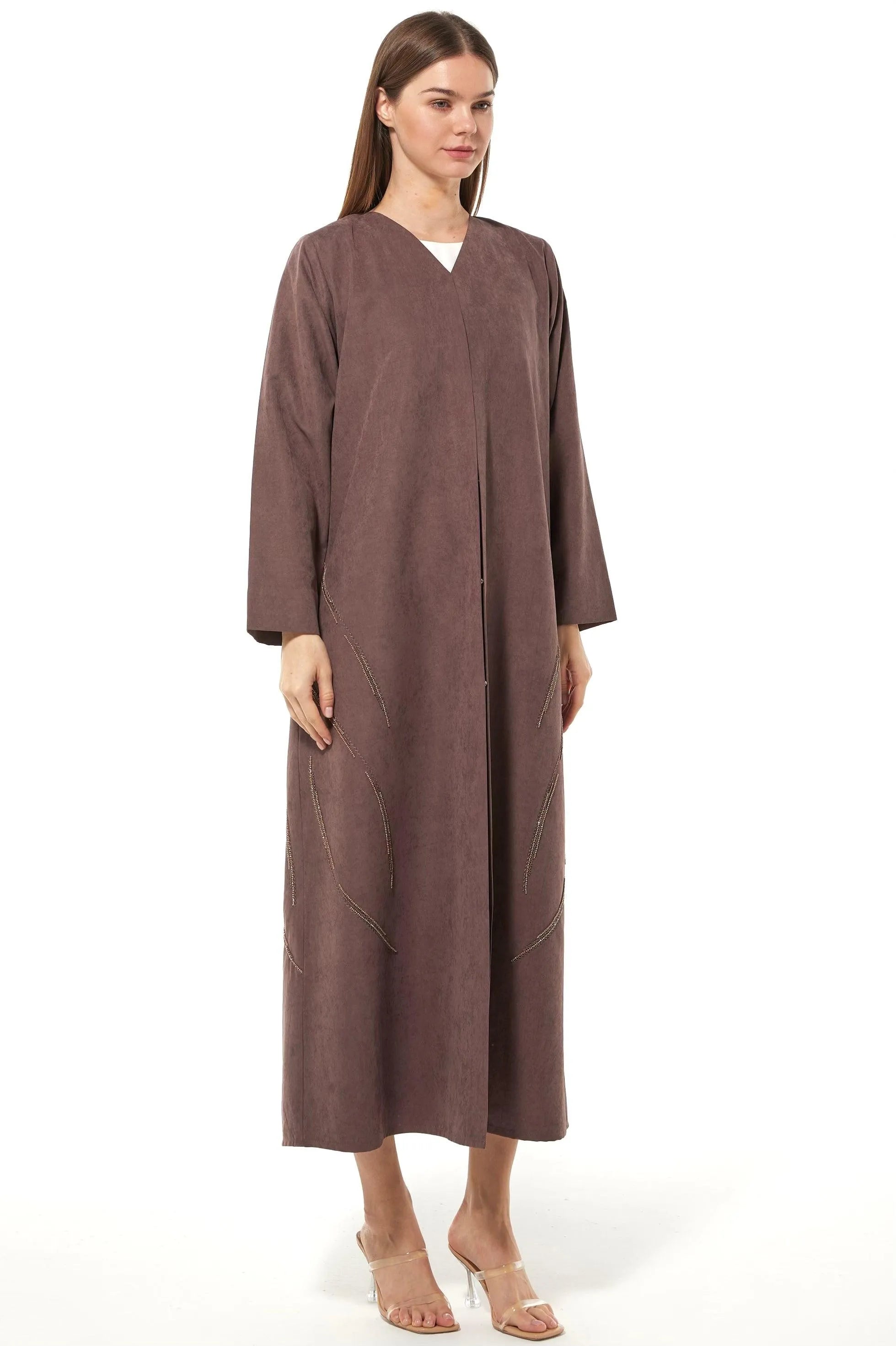 Curved Beadline Suede Blush Abaya - Posh Abaya