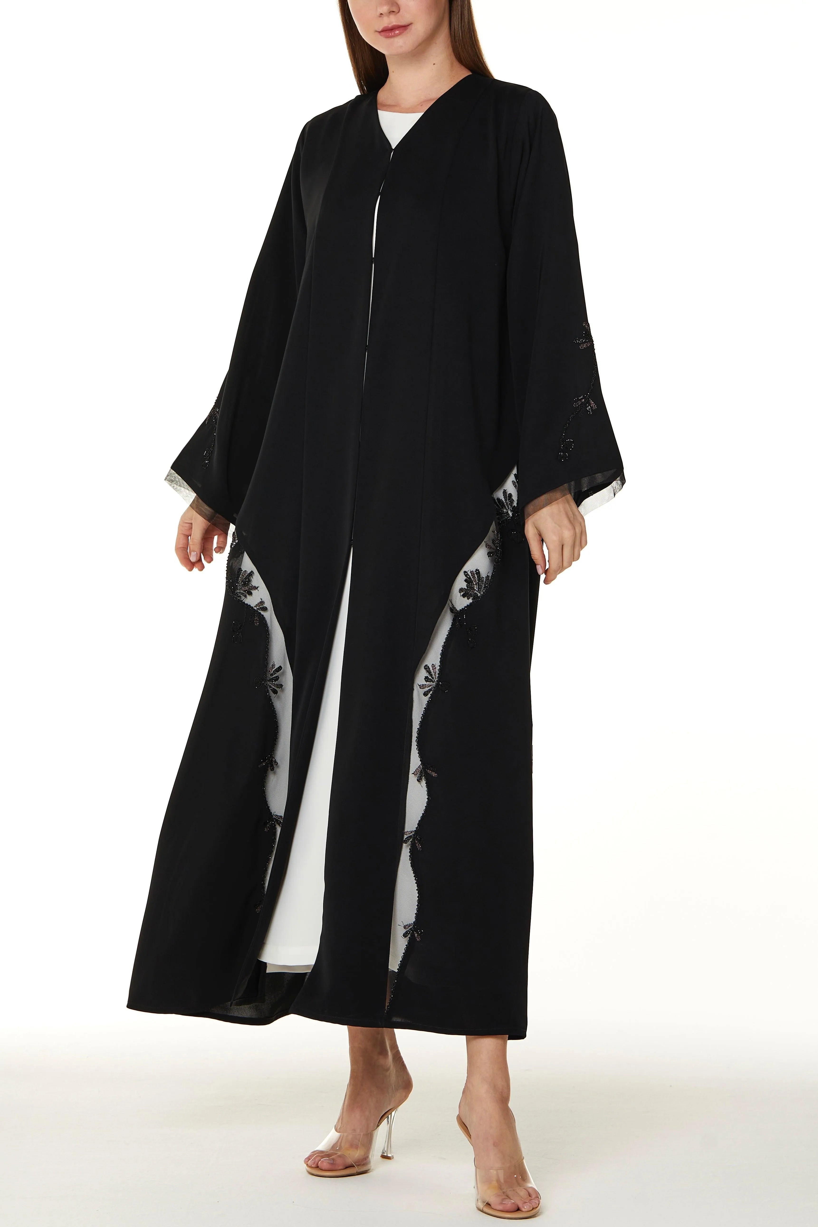 Black Royal Nada Abaya with Copper Beadwork Detail Adorned with Tulle - Posh Abaya