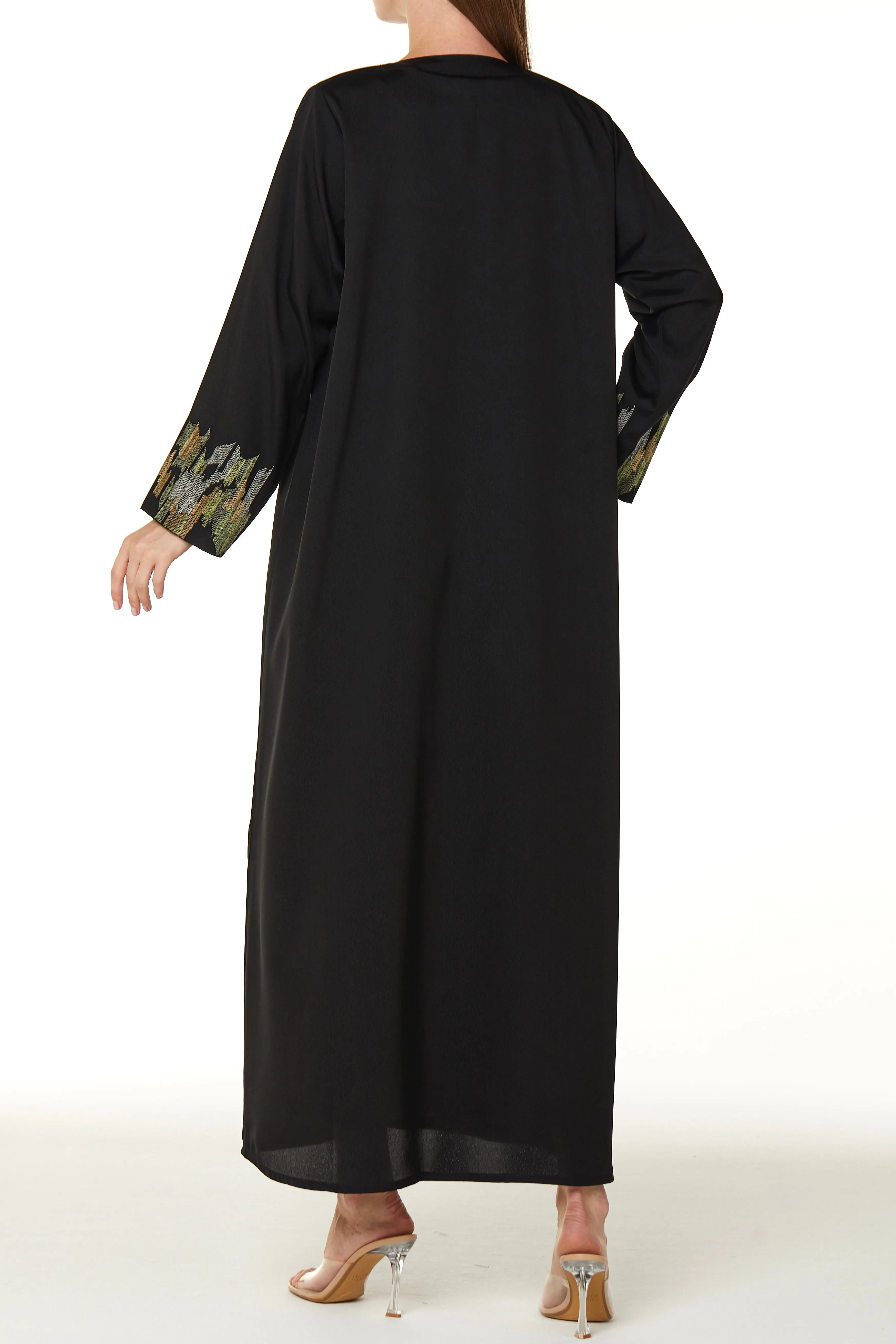 Black Sana Crepe Abaya with Abstract Sleeve Embroidery - Posh Abaya