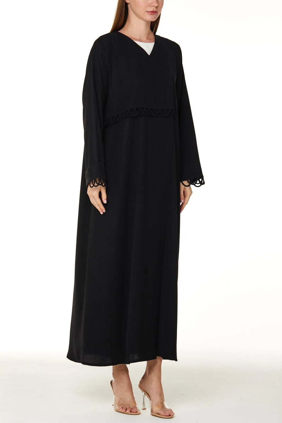 Black Layan Crepe Abaya with Front Overlap Loop Details - Posh Abaya