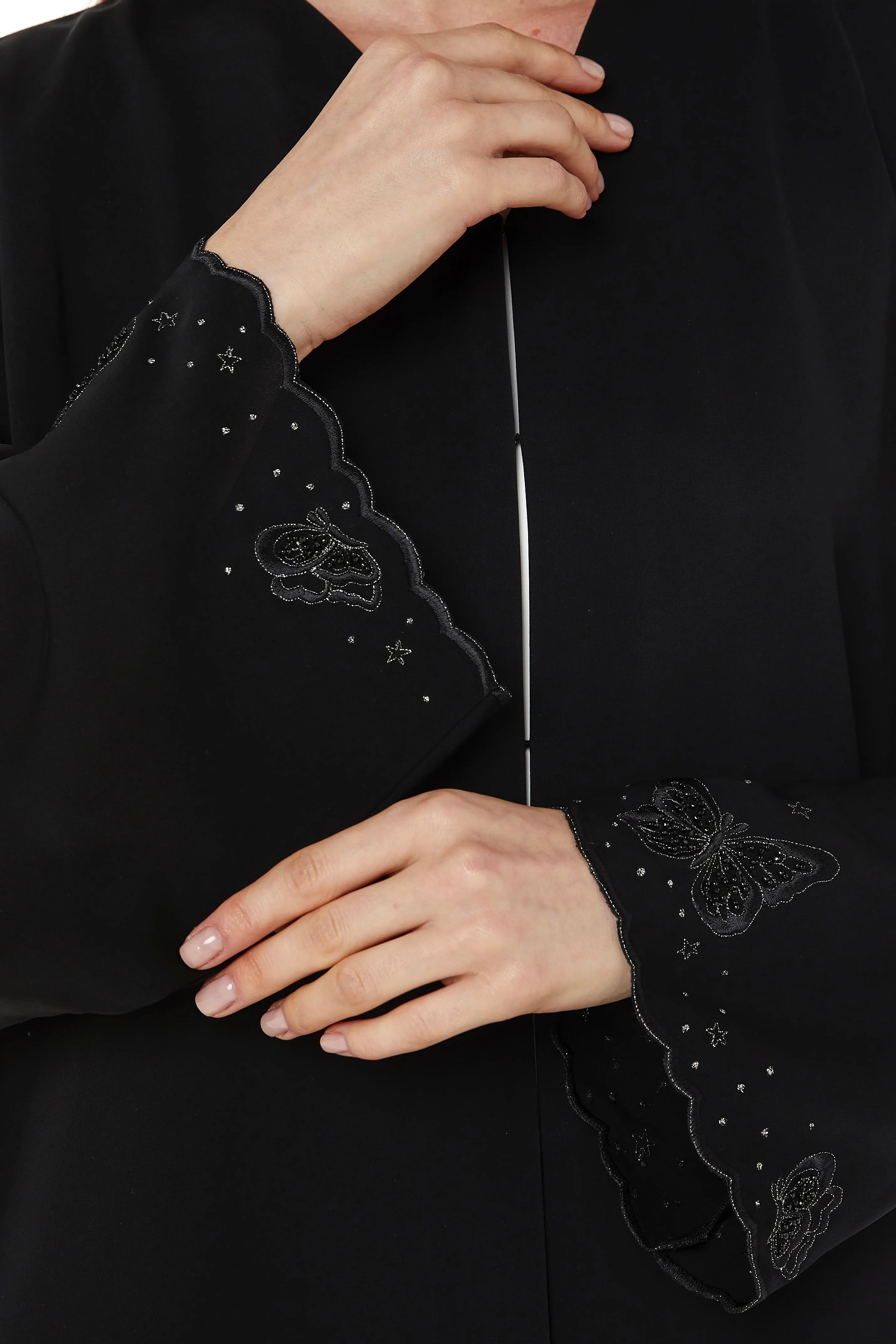 Black Salmi Nada Abaya with Flared Sleeves and Butterfly Embroidery - Posh Abaya