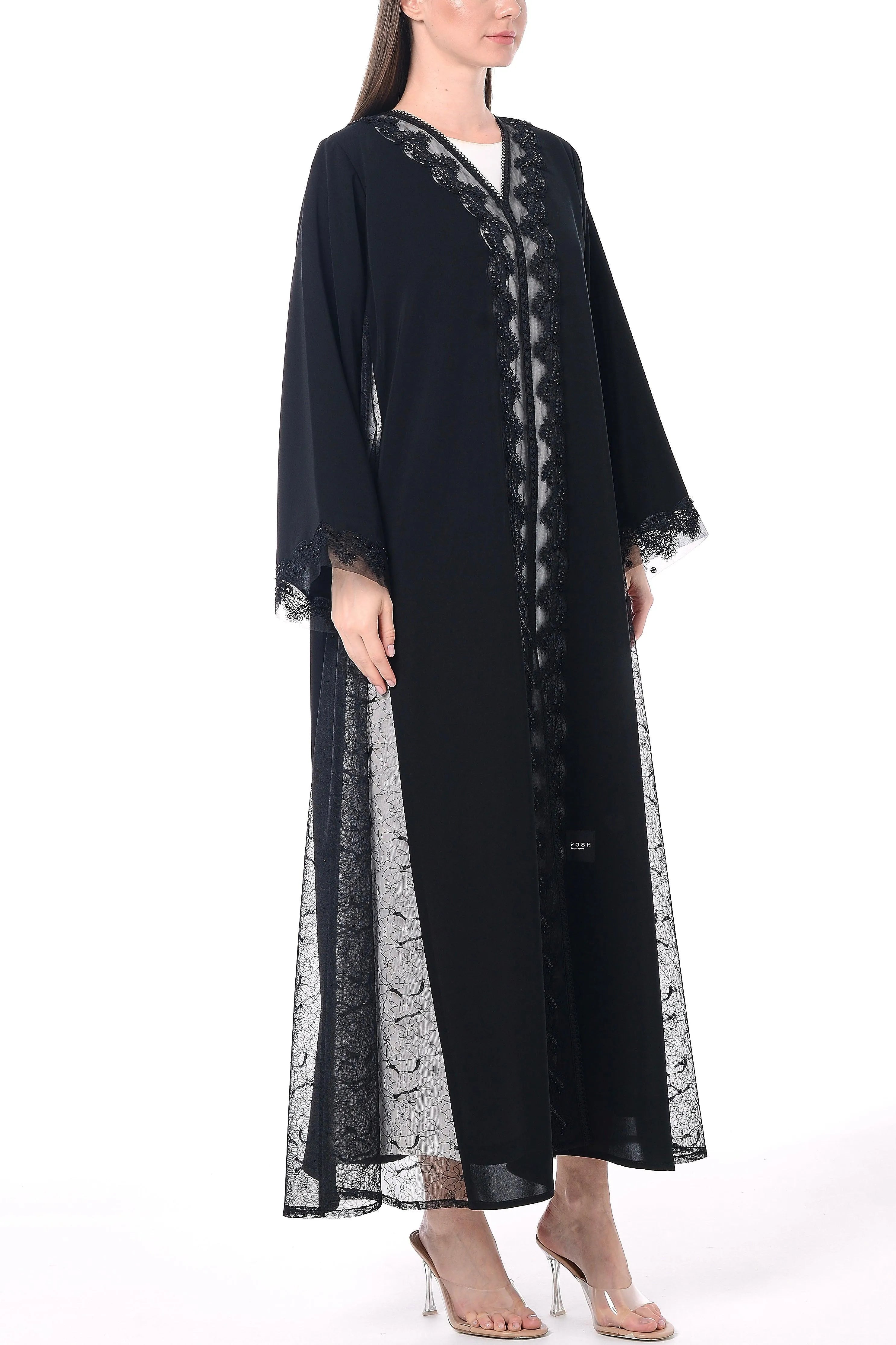 Black Royal Nada Abaya with Side French Tulle and Front Beadwork Detail - Posh Abaya