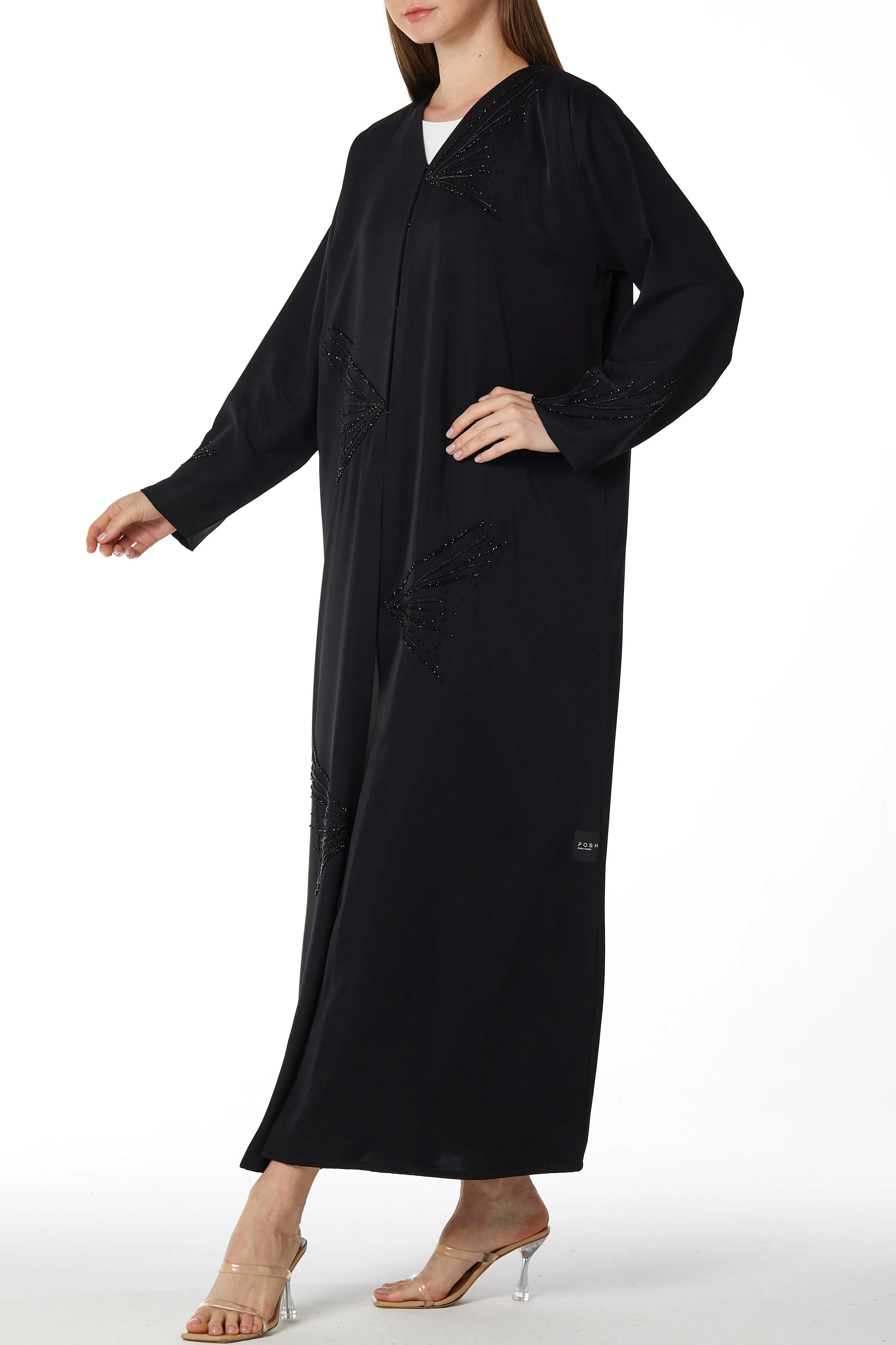 Black Crepe Ready Triangle Abaya with Front Scattered Beadwork - Posh Abaya