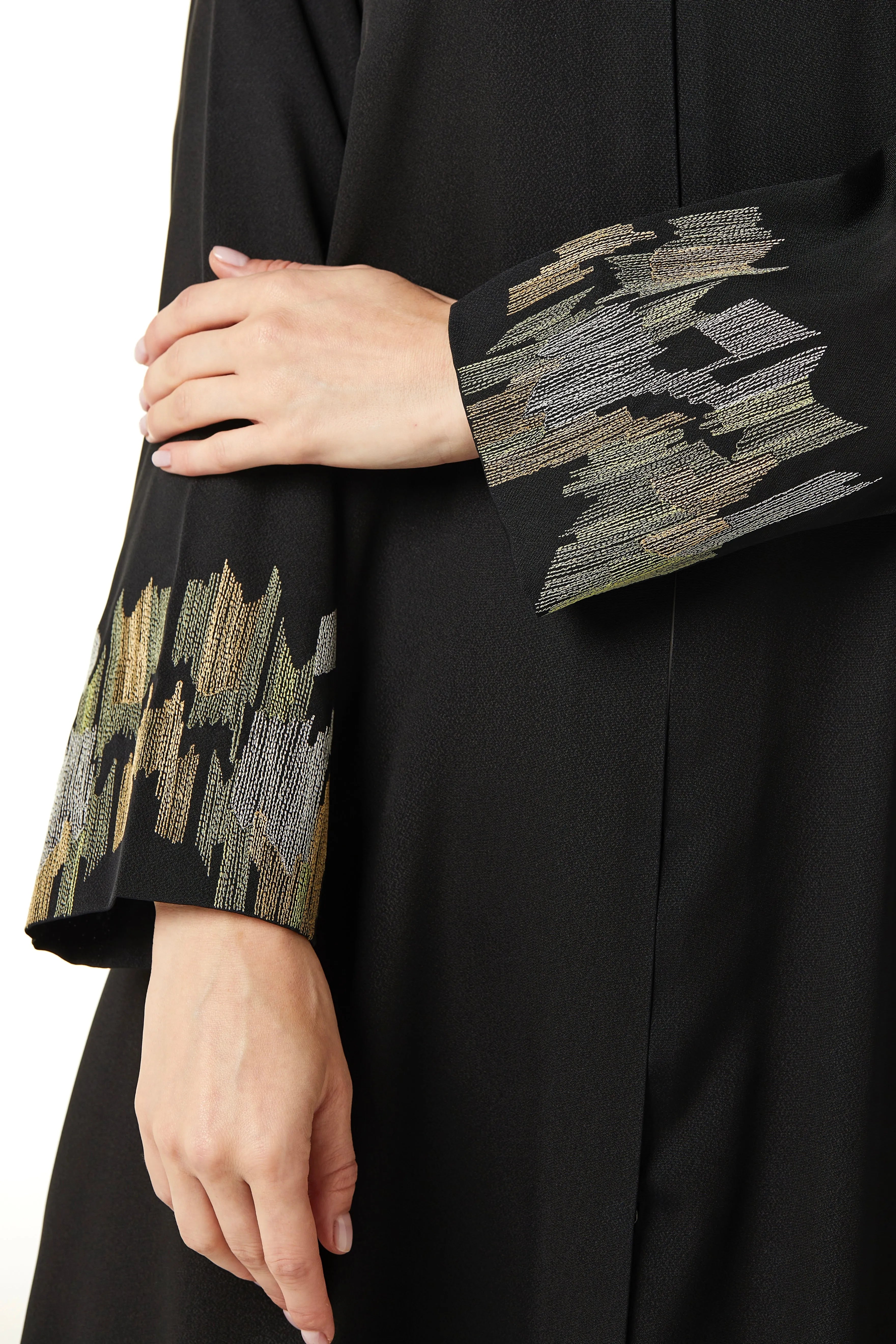 Black Sana Crepe Abaya with Abstract Sleeve Embroidery - Posh Abaya