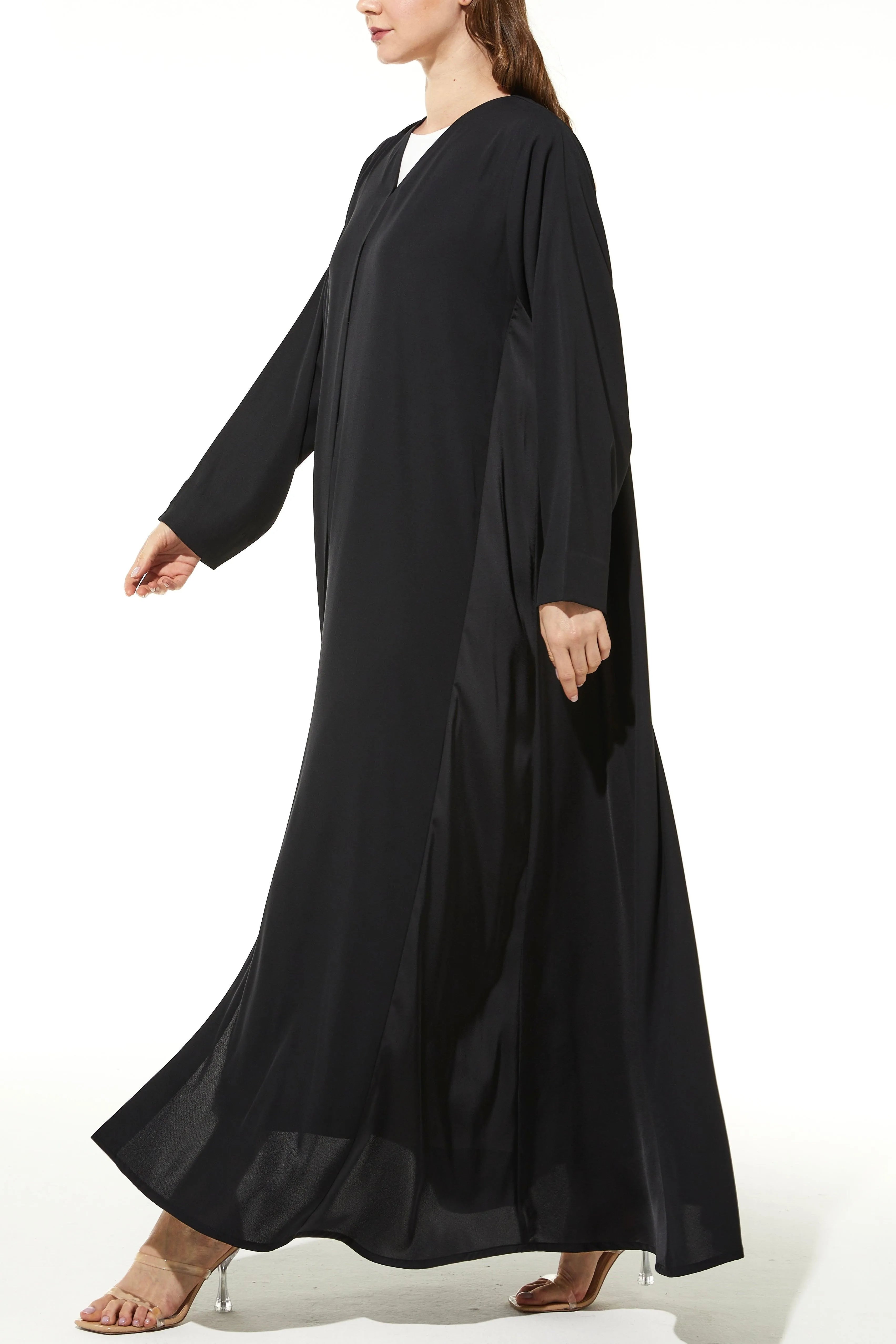 Black Cool Crepe Abaya with Side Shiny Satin - Posh Abaya