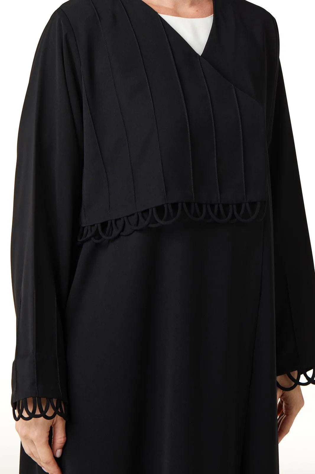 Black Layan Crepe Abaya with Front Overlap Loop Details - Posh Abaya